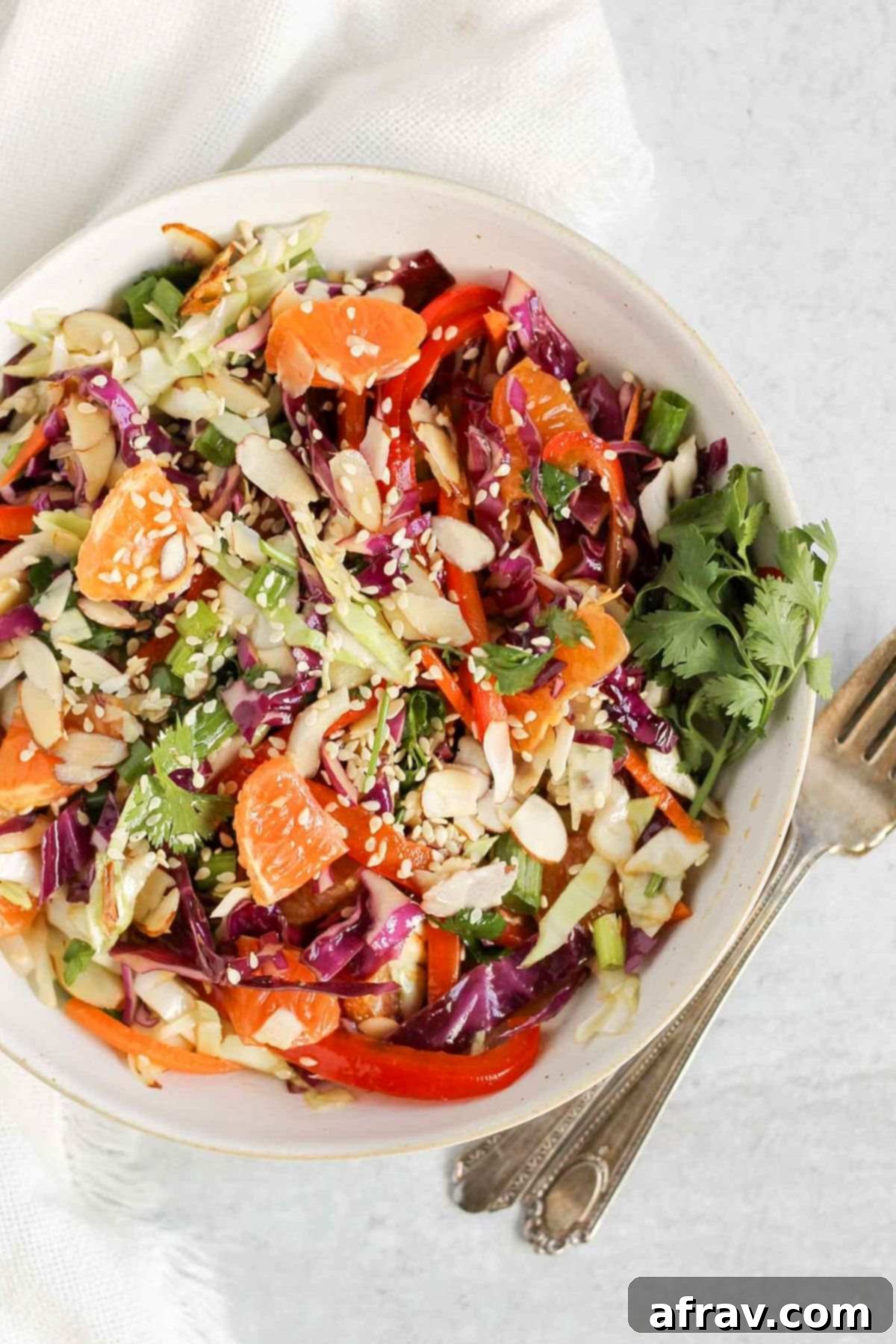 Asian cabbage salad sprinkled with sesame seeds and fresh cilantro in a small white bowl with two vintage forks on the side.