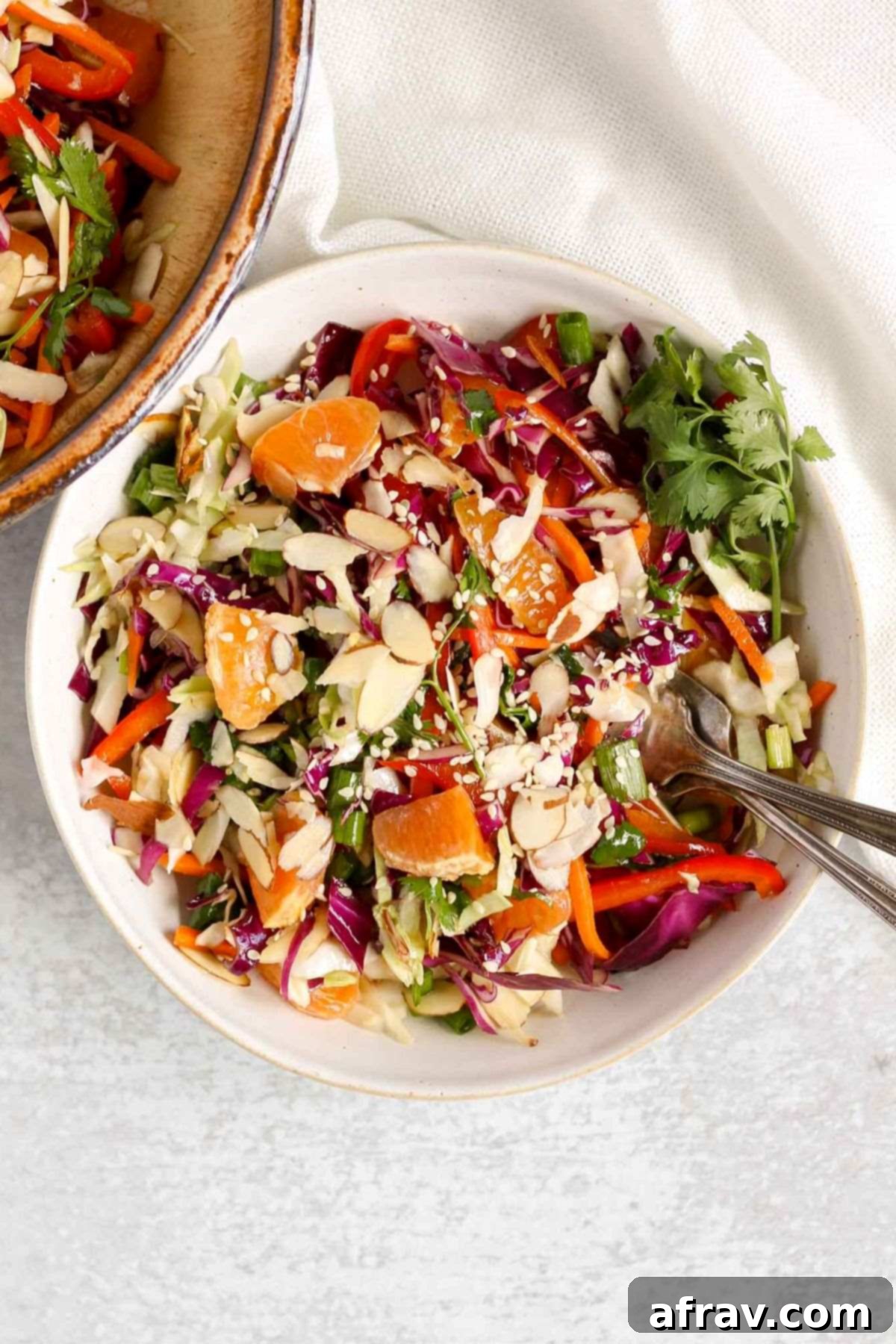 Asian cabbage salad sprinkled with sesame seeds and fresh cilantro in a small white bowl with two vintage forks.