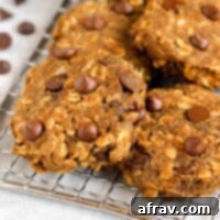 Grab-and-Go Pumpkin Breakfast Cookies 12 Pumpkin breakfast cookies with chocolate chips on a wire cooling rack.