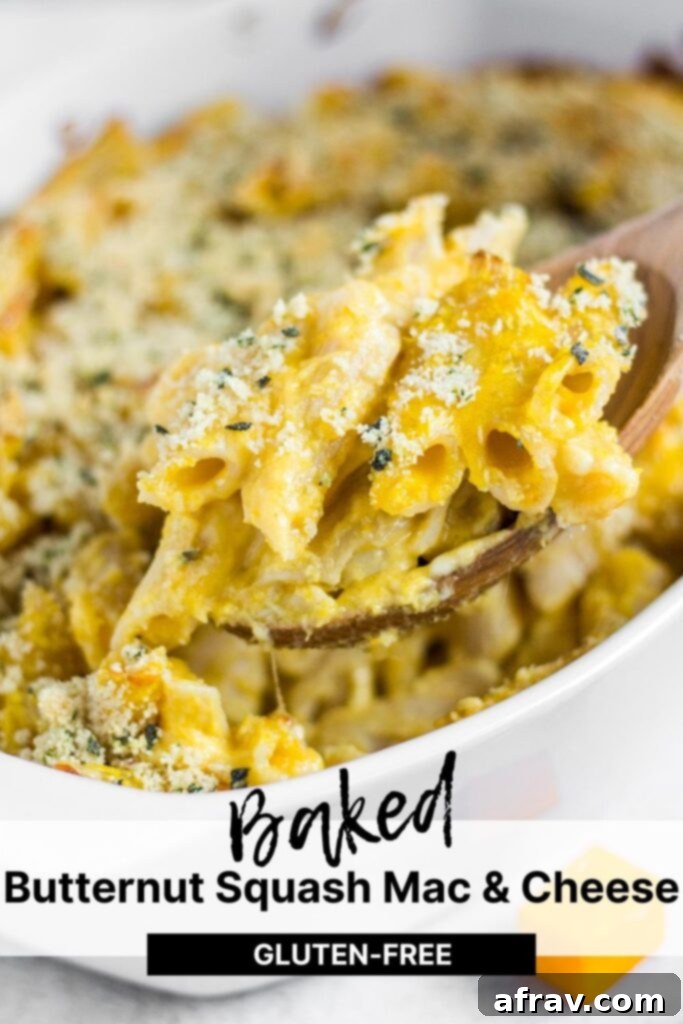 Pinterest graphic for a delicious gluten-free baked butternut squash mac and cheese recipe.