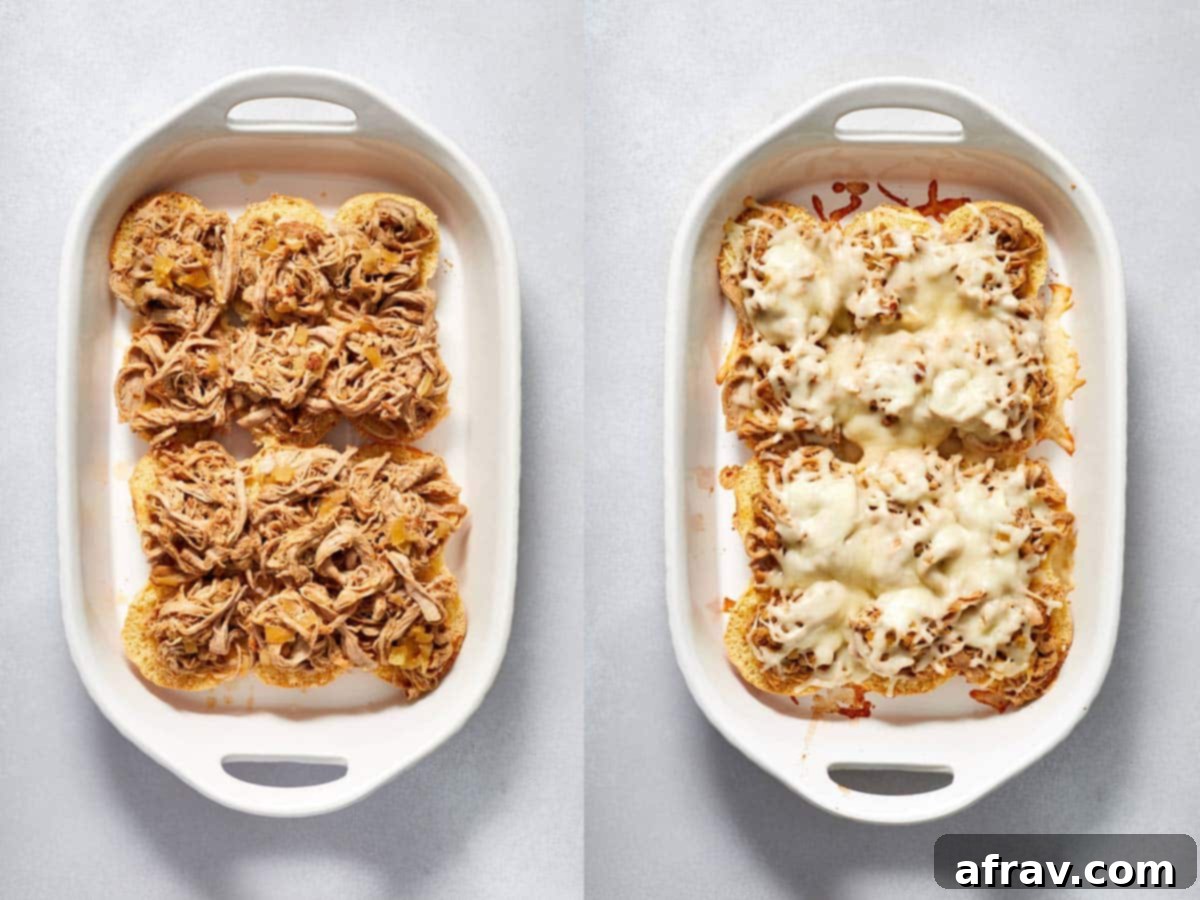 Two images showing the pulled pork sliders in a white casserole dish, ready to be served.