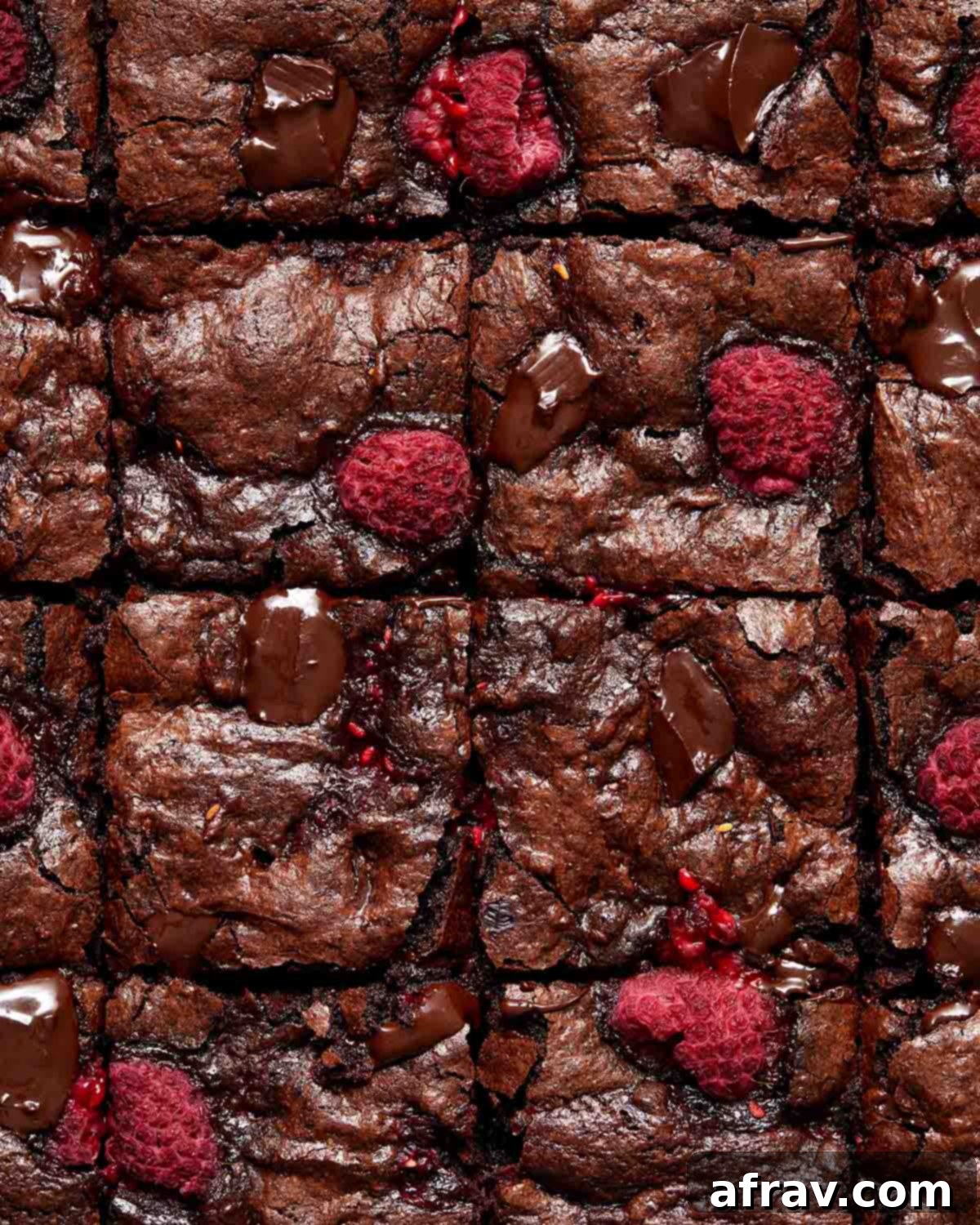 Close up view of raspberry brownies cut into perfect squares, highlighting the fudgy interior and vibrant raspberries.