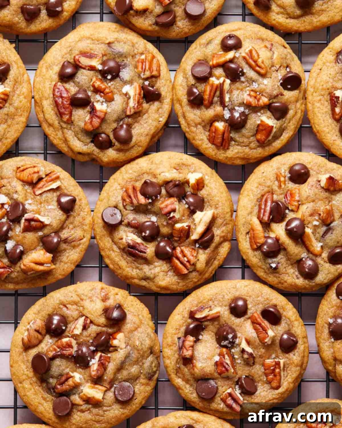 Chocolate chip pecan cookies cooling on a wire rack, with a focus on their perfectly golden-brown edges.