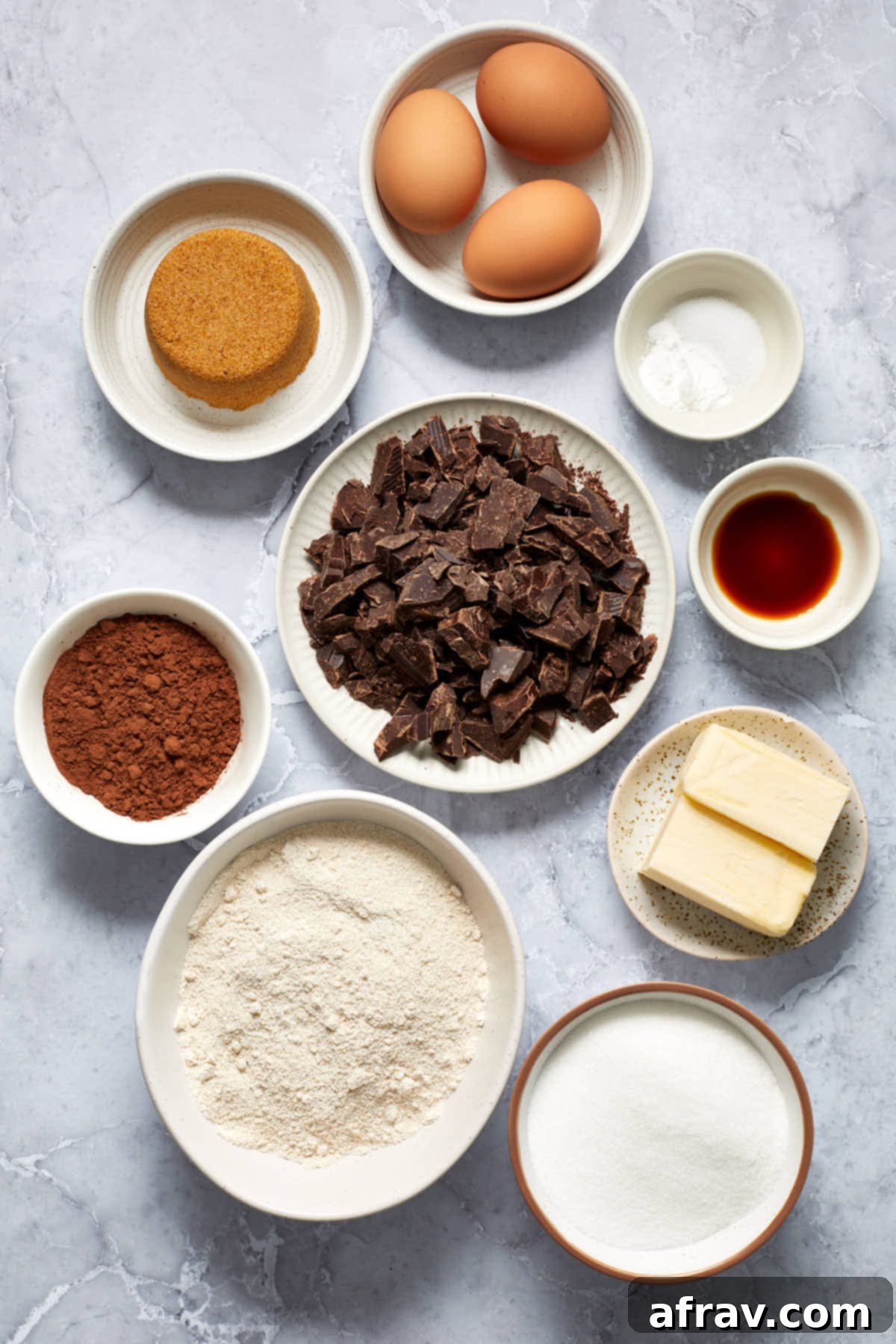 Fudgy Oat Flour Brownies 4 Ingredients to make oat flour brownies arranged individually.
