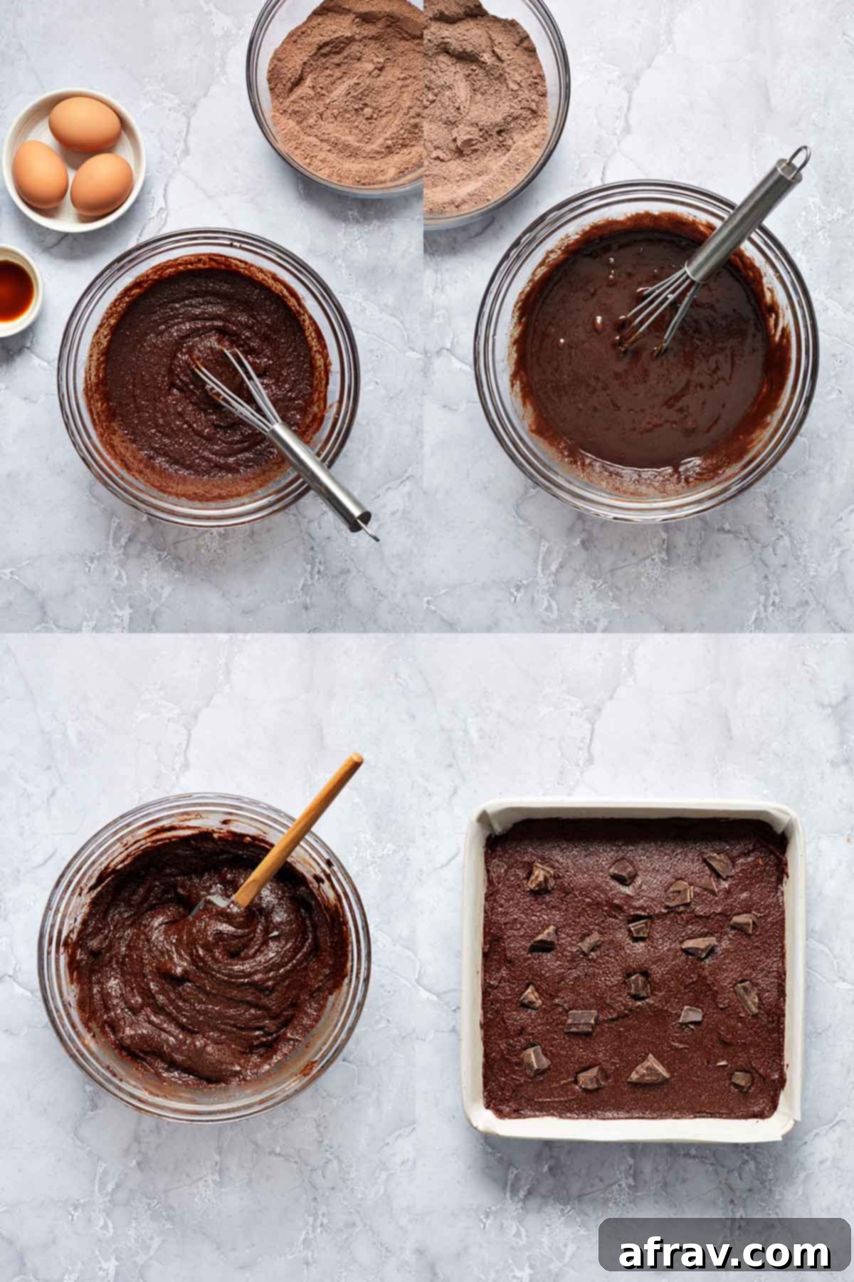 Fudgy Oat Flour Brownies 5 Collage of 4 images showing how the oat flour brownie batter is made.