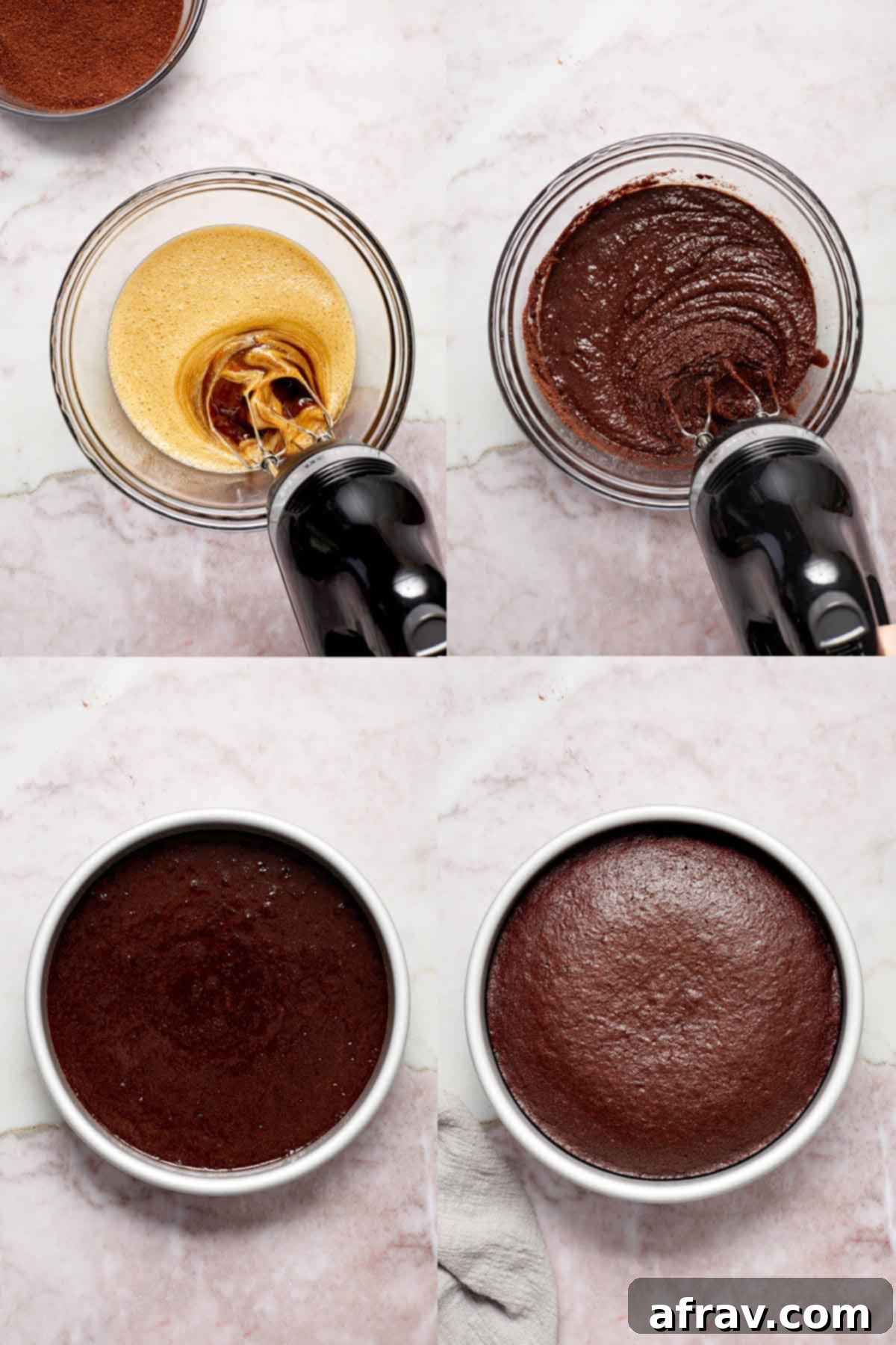 A collage of four images illustrating the steps: mixing batter, pouring into pan, and the baked cake in its pan.