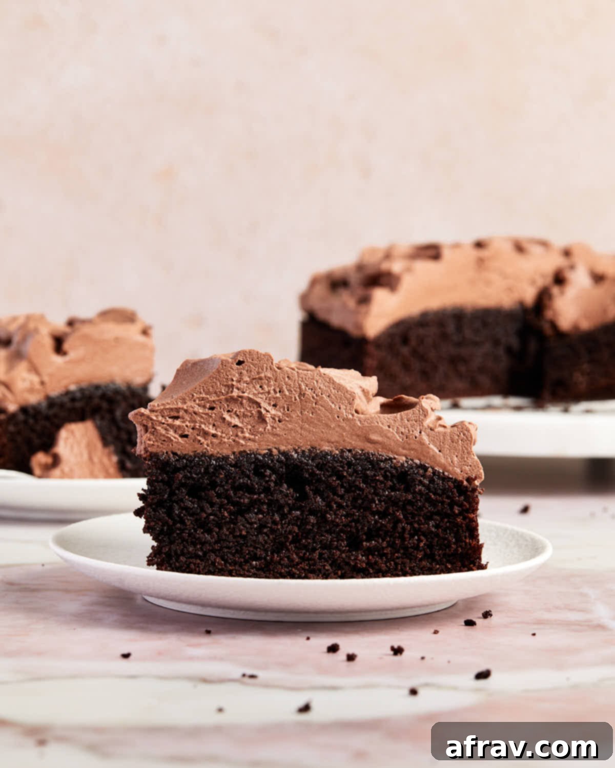 Side view of a perfect slice of almond flour chocolate cake on a white plate, with the whole cake blurred in the background.
