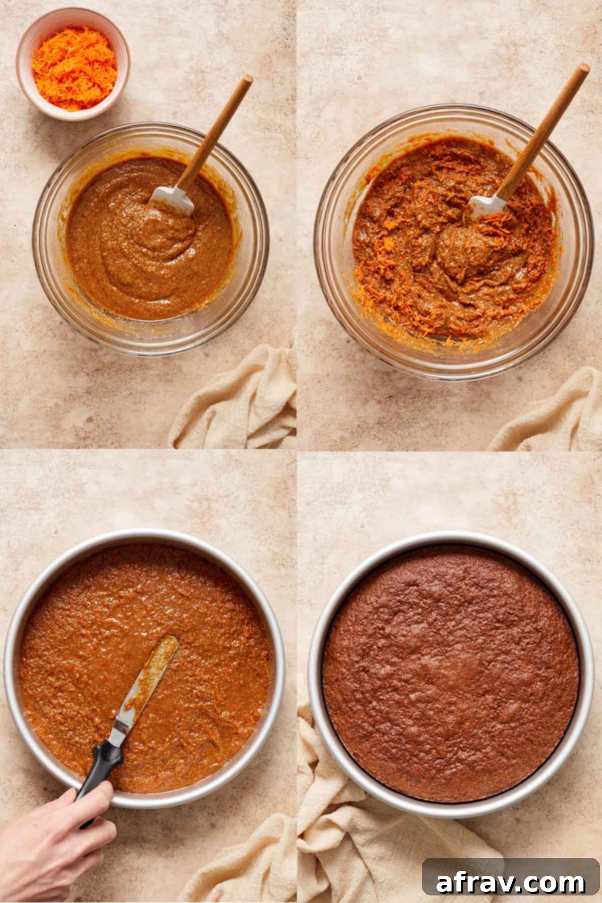 Collage of 4 images showing the process of making the carrot cake batter.