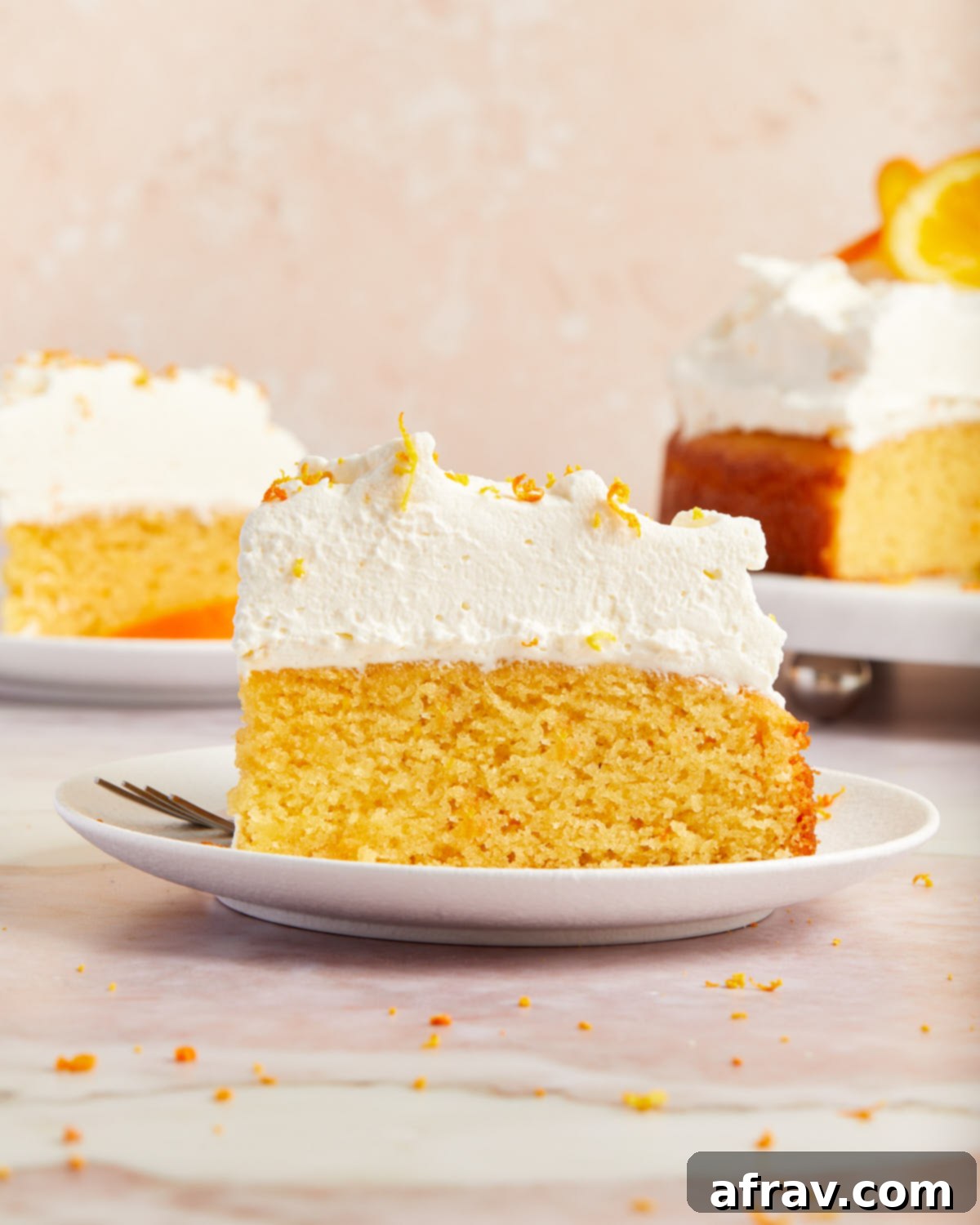 Orange Zest Almond Cake 3 Side view of a piece of cake on a white plate and topped with whipped cream.