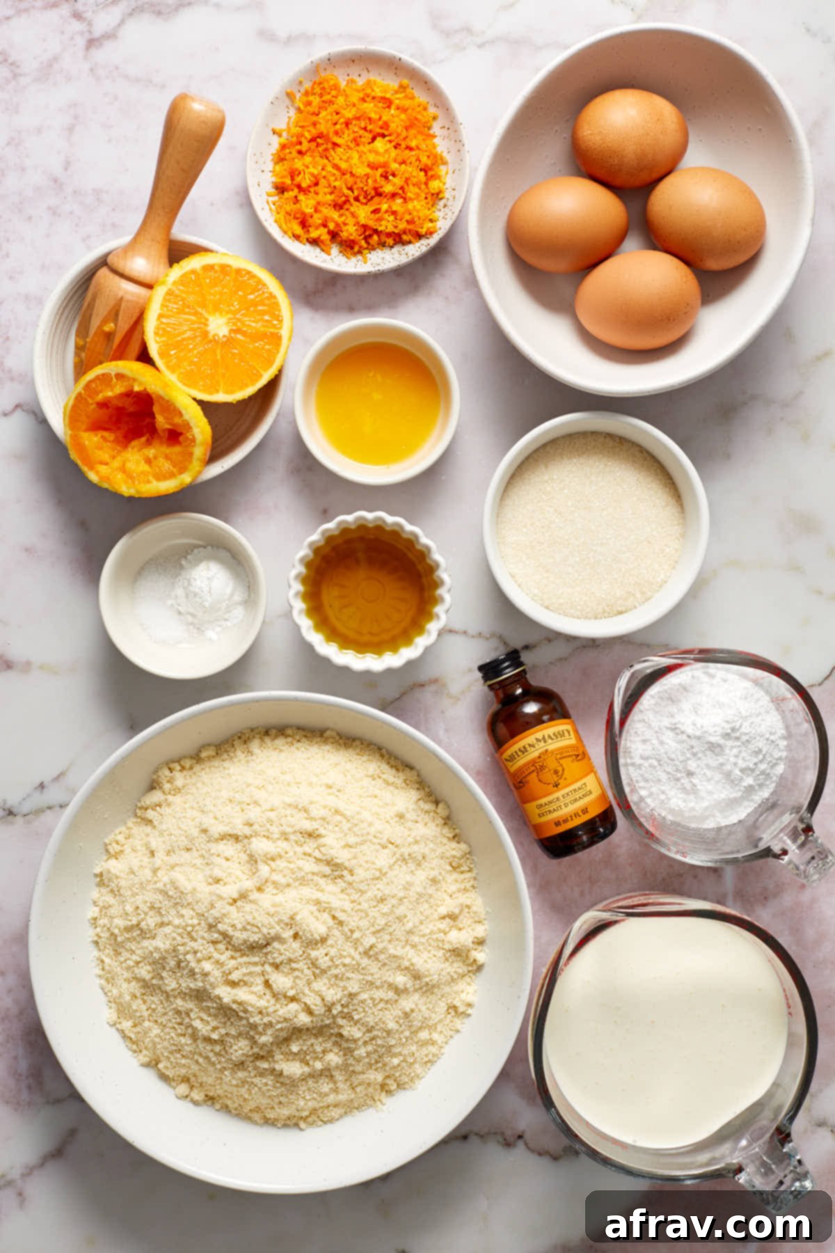 Orange Zest Almond Cake 4 Ingredients to make almond flour orange cake arranged in individual bowls.