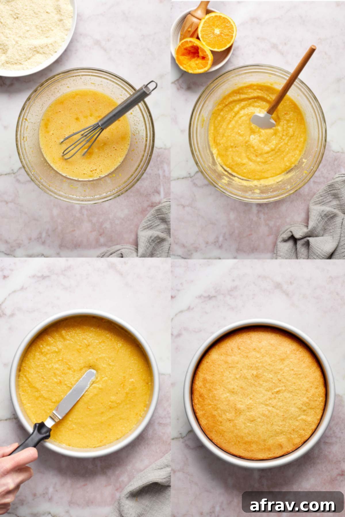 Orange Zest Almond Cake 5 Collage of 4 images showing how the cake batter is made and baked in a round pan.