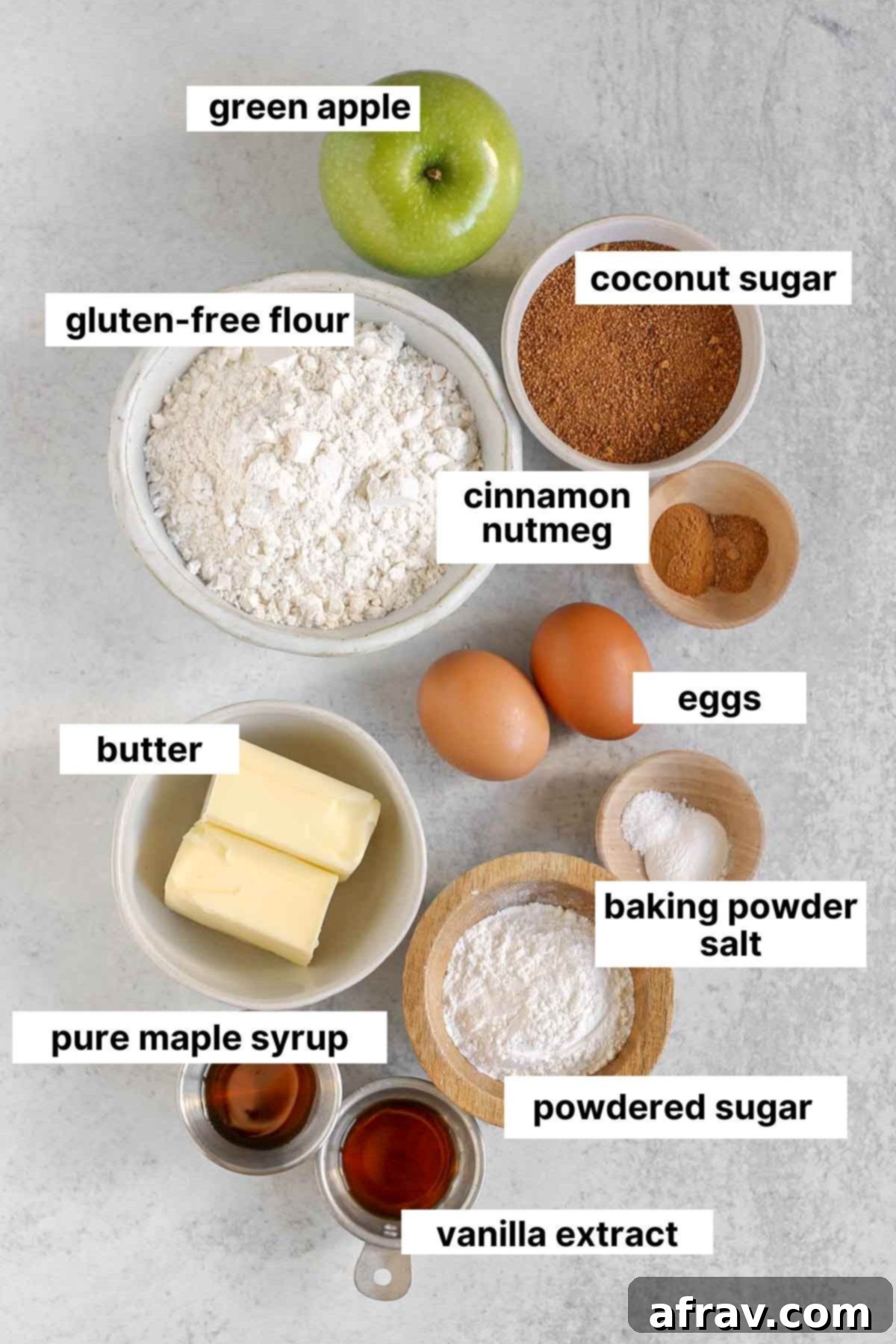 Labeled ingredients for gluten-free apple blondies, neatly arranged for baking.