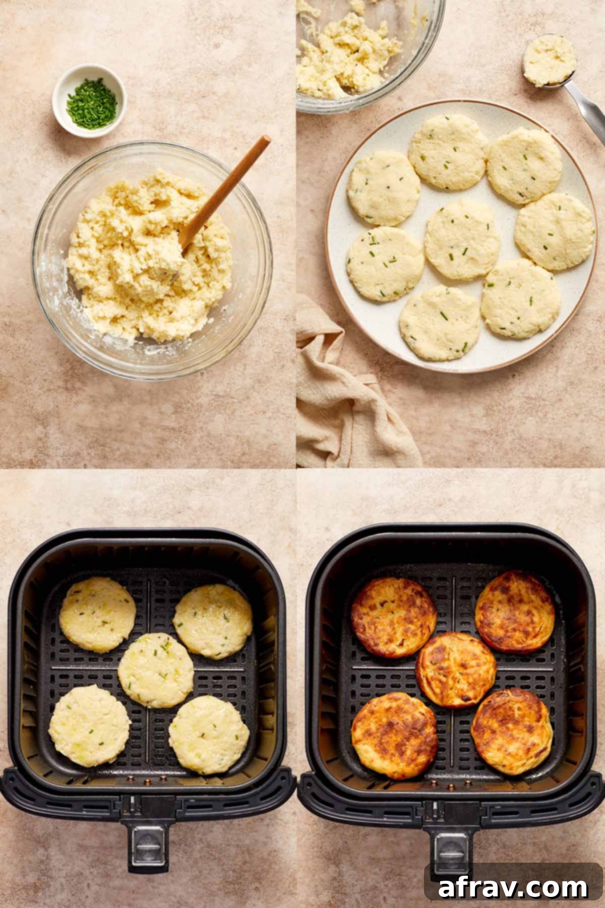 A collage of four images illustrating the step-by-step process of making and air frying potato cakes, from mixing ingredients to perfectly cooked patties.