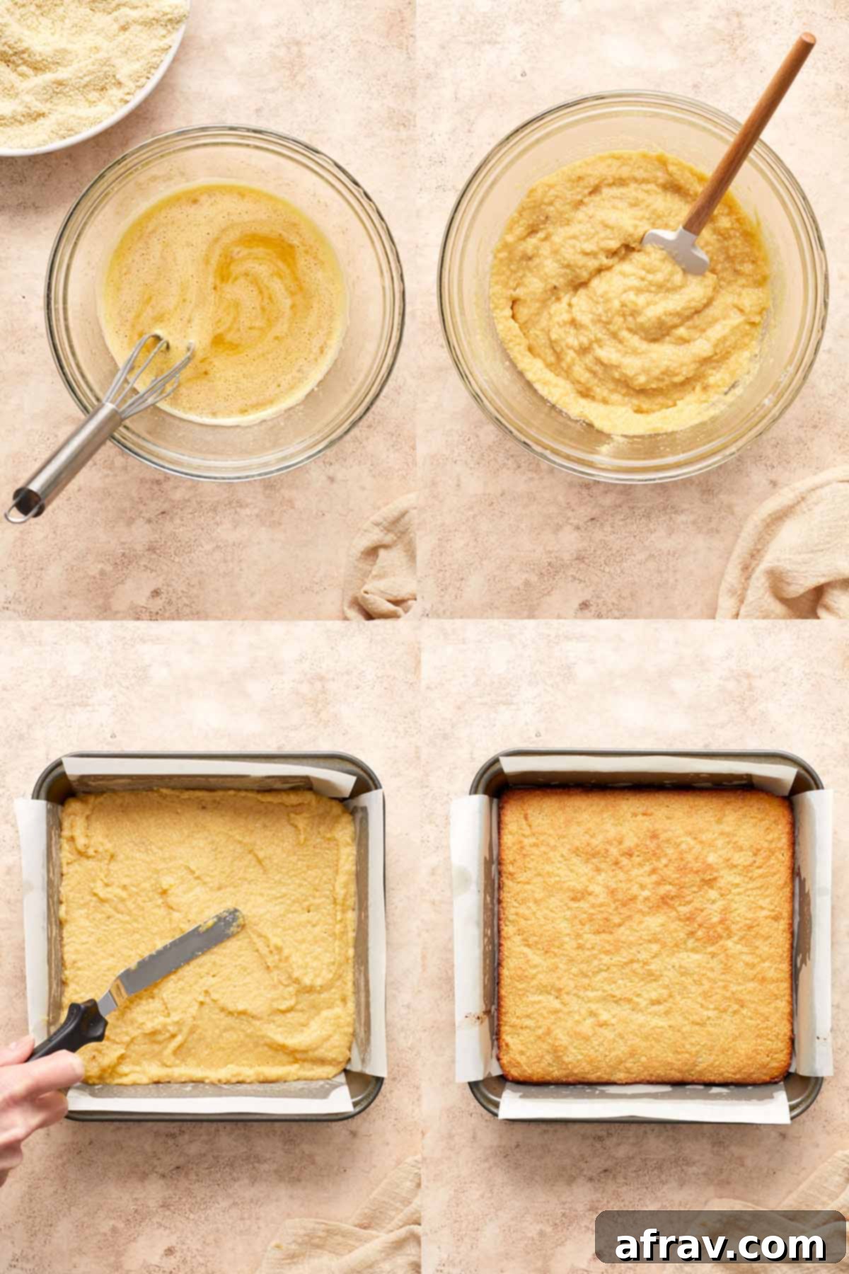 A four-image collage demonstrating the baking process: 1. Whisking dry ingredients. 2. Combining wet ingredients. 3. Mixing wet and dry ingredients into a thick batter. 4. The finished almond flour banana cake baking in an 8-inch square pan.