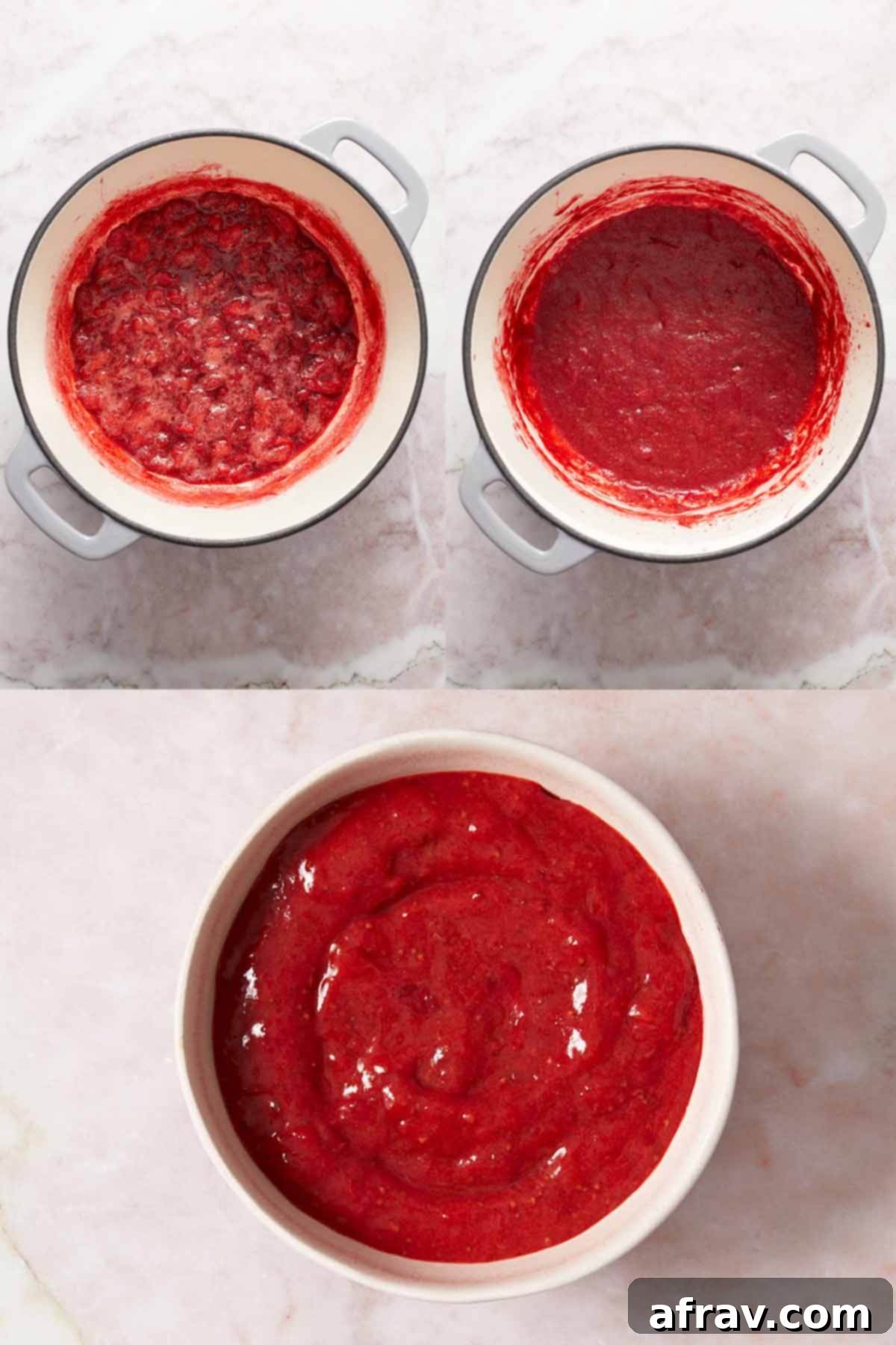 Collage of 3 images showing how the strawberry puree is made.