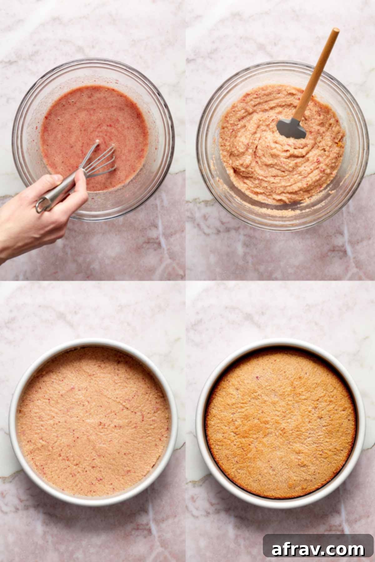 Collage of 4 images showing how the strawberry cake batter is made and baked in a round pan.