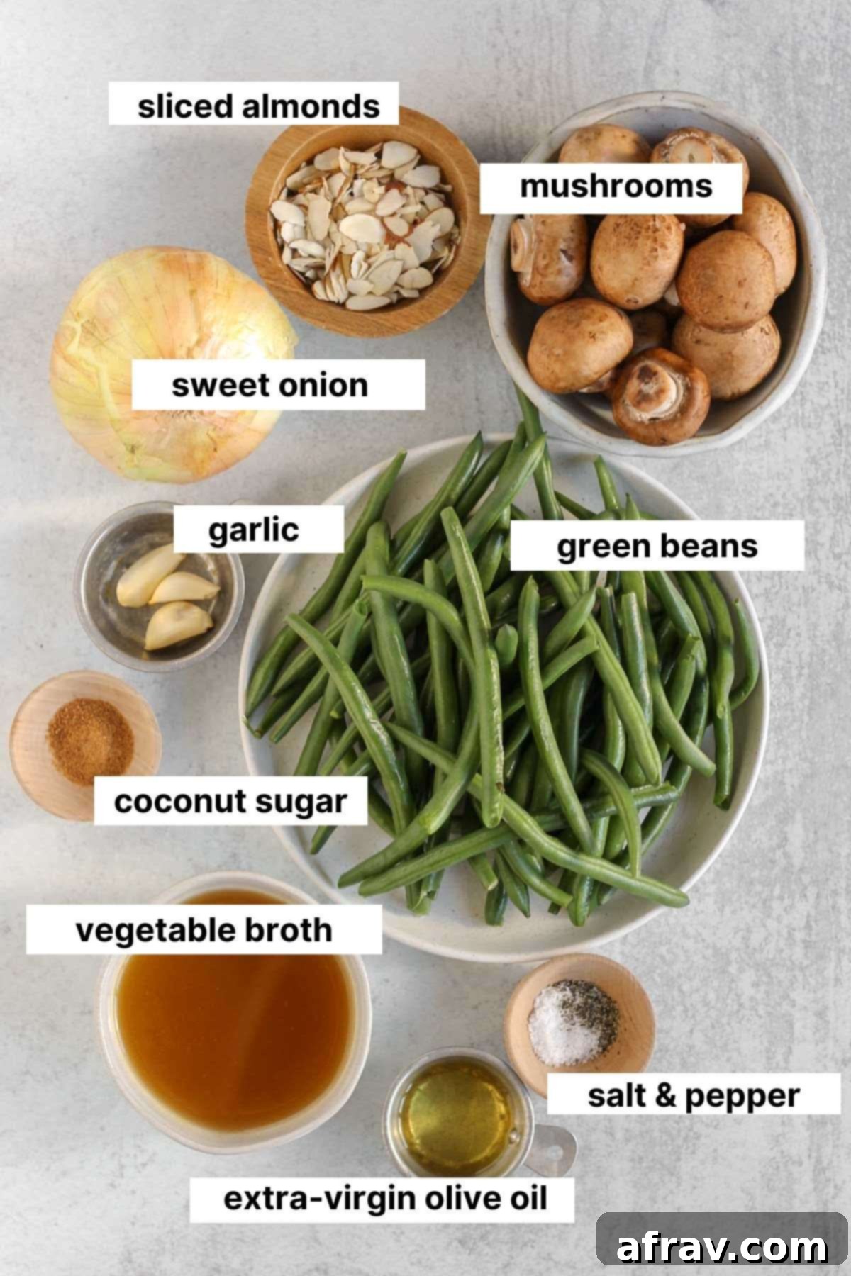 Savory Skillet Green Beans with Onions and Mushrooms 3 Labeled ingredients for skillet green beans with onions and mushrooms.