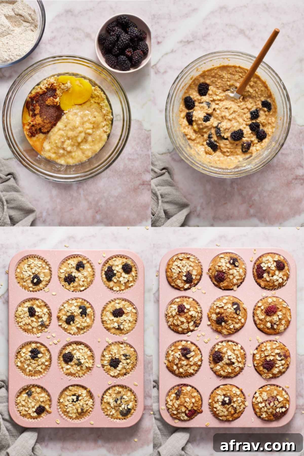 A collage of four images demonstrating the baking process: oat soaking, mixing ingredients, folding in blackberries, and the baked muffins in a pan.