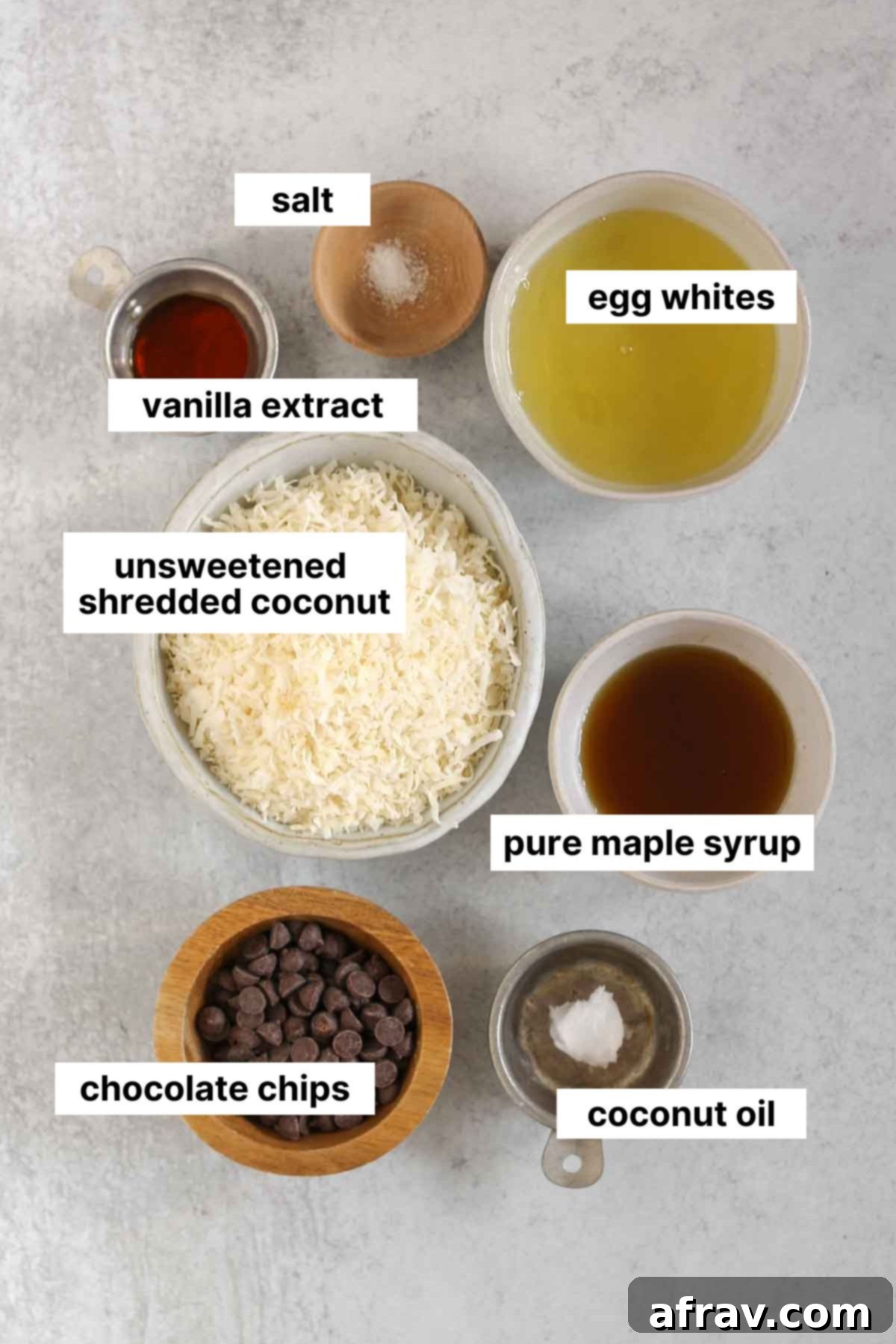Labeled ingredients needed for coconut macaroons without condensed milk.