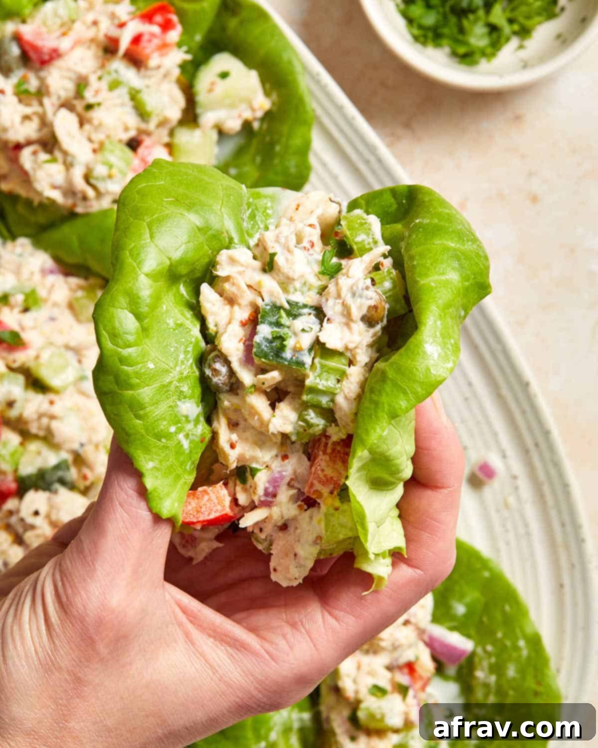 A hand gently holding a perfectly crafted tuna lettuce wrap, ready for a delicious bite, showcasing its fresh and healthy appeal.