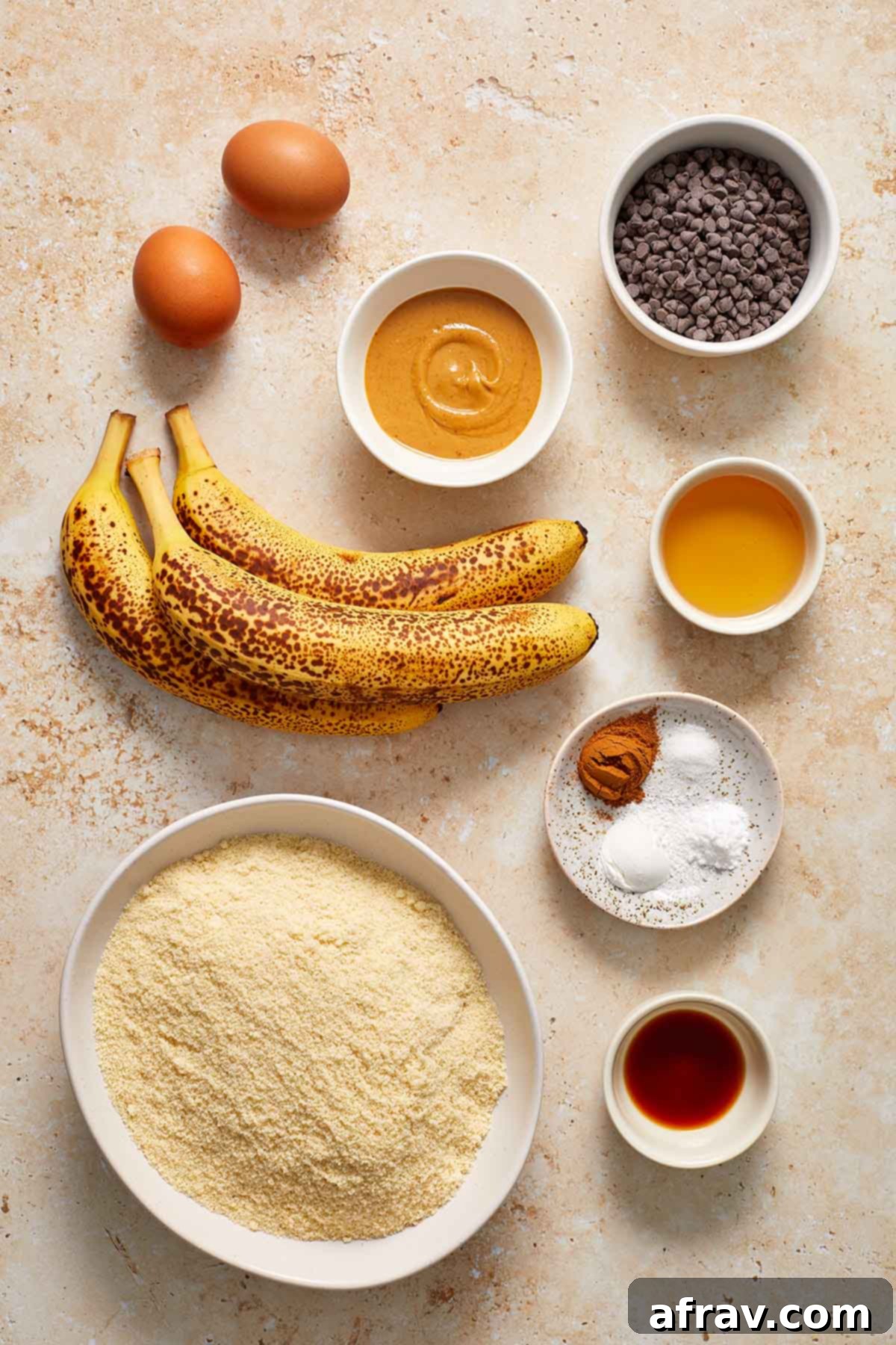 Irresistible Almond Flour Banana Muffins 3 Ingredients to make almond flour banana muffins arranged individually.