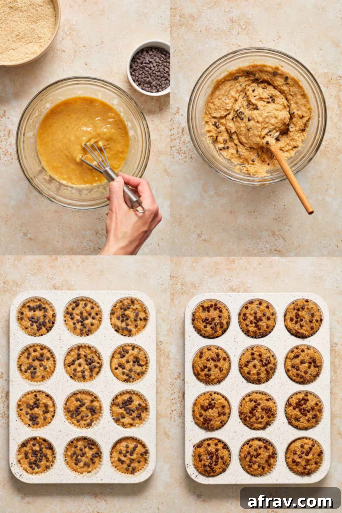 Irresistible Almond Flour Banana Muffins 4 Collage of 4 images showing how the banana muffin batter is made and baked in a muffin pan.