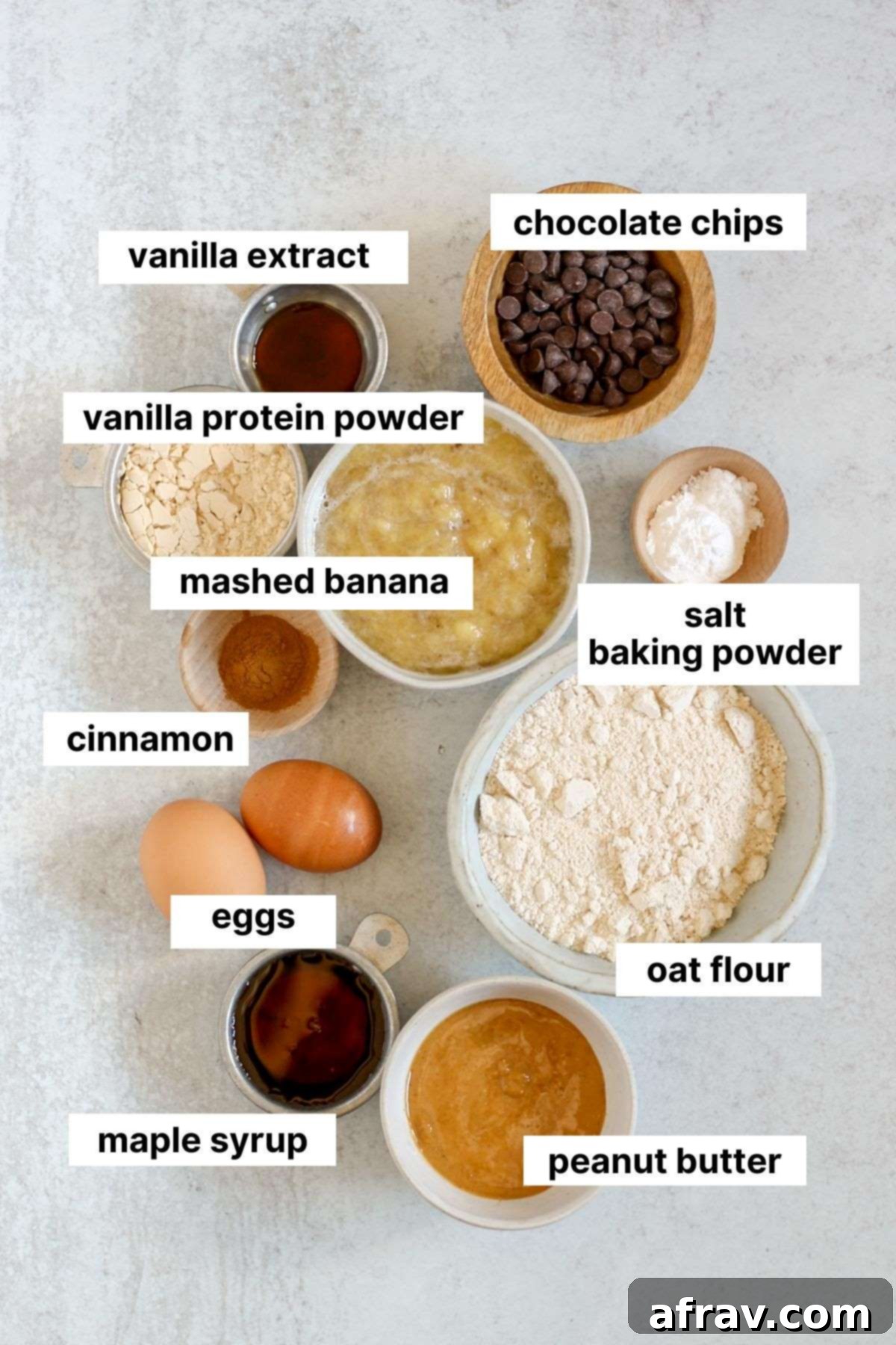 Labeled ingredients for banana protein muffins laid out on a kitchen counter, including bananas, eggs, oat flour, protein powder, and chocolate chips.