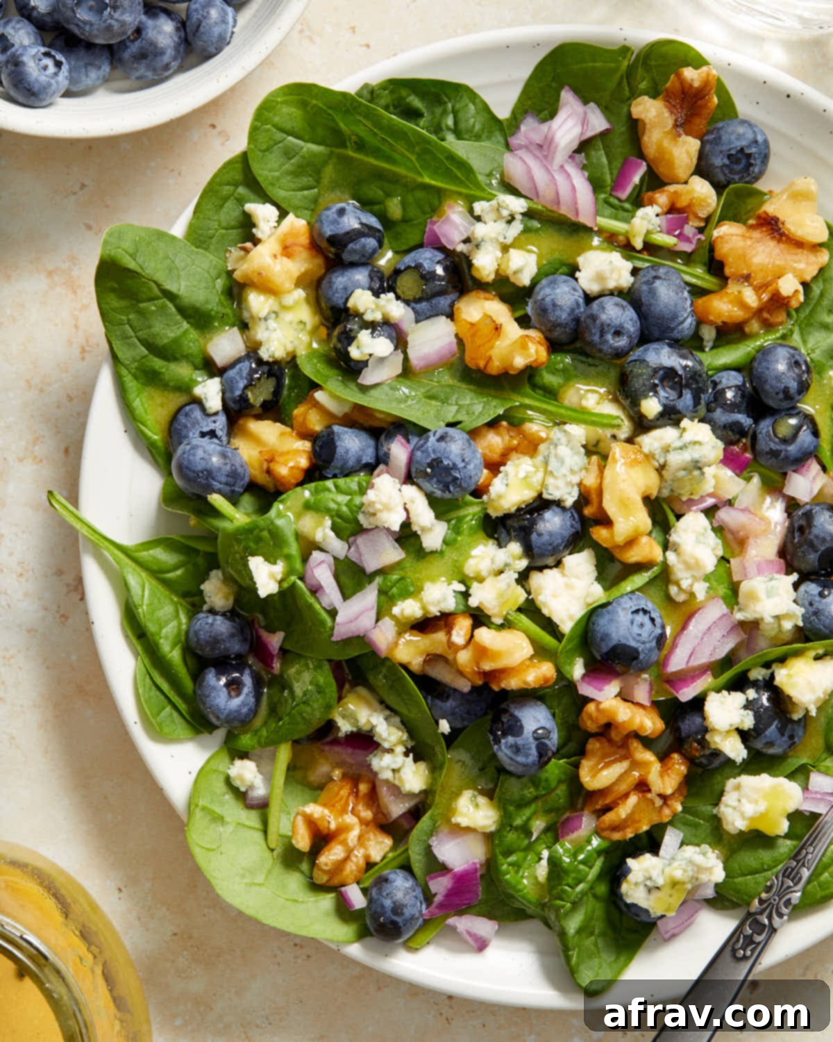 Close up view of spinach blueberry salad on a white plate.