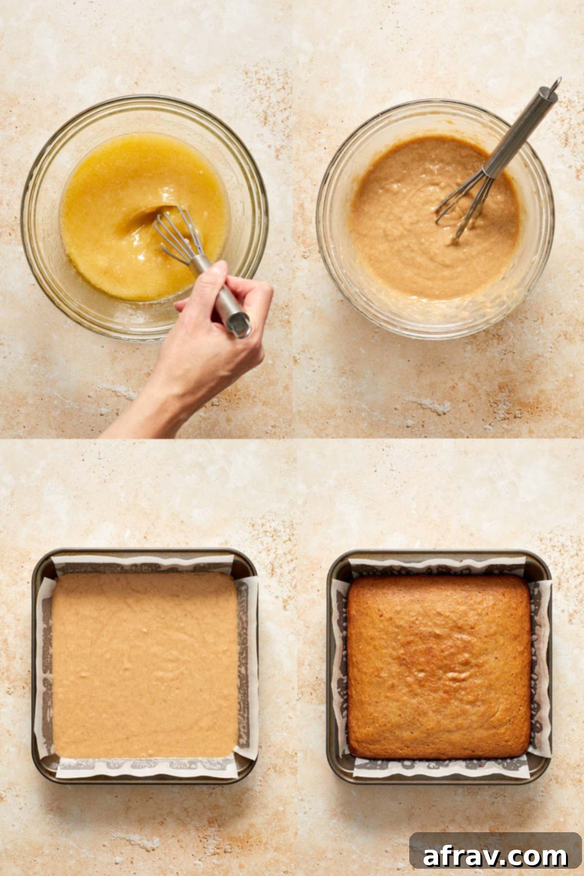 Collage of 4 images showing how the banana cake with oil is made.