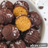 Healthy Dark Chocolate Peanut Butter Balls with a sprinkle of sea salt