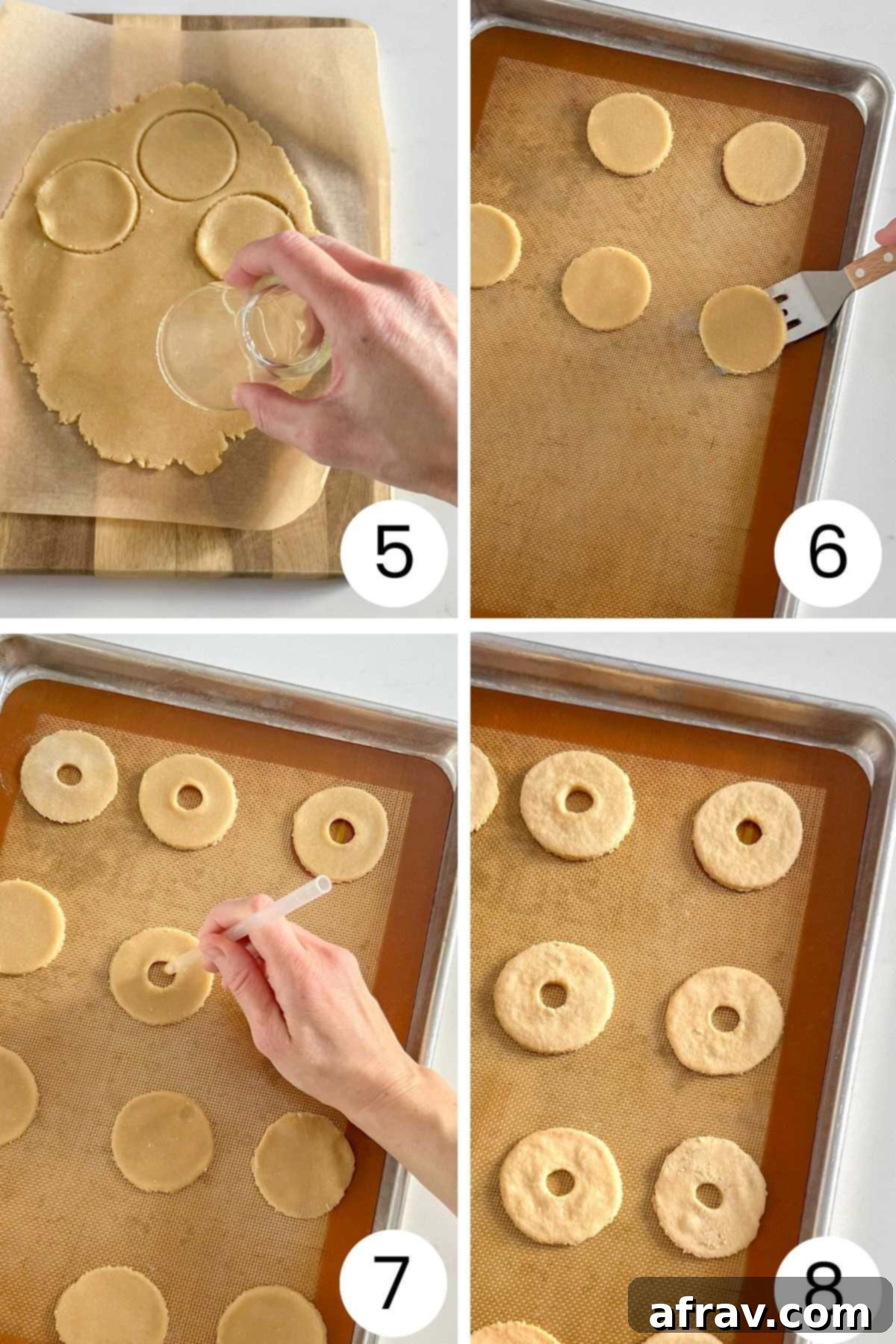Four sequential process photos showing the next steps of making homemade Samoa cookies: cutting out round cookies, transferring them to a baking sheet, creating a center hole, and baking until lightly browned.