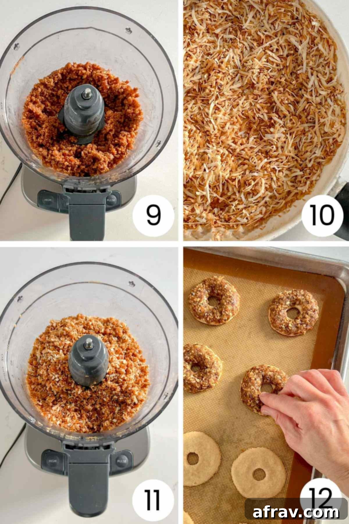 Four sequential process photos for creating the date caramel coconut topping: blending dates, peanut butter, vanilla, and salt in a food processor, toasting shredded coconut in a pan, pulsing toasted coconut into the date mix, and carefully placing the mix onto baked cookies.