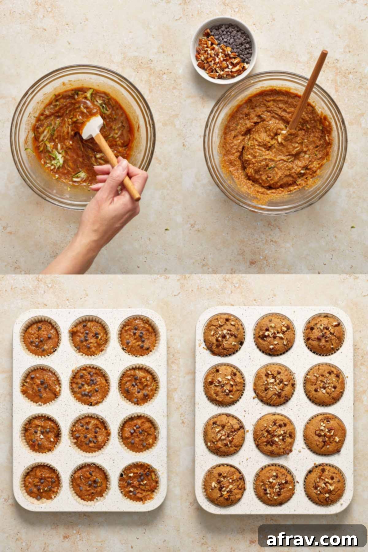 Collage of 4 images showing how the zucchini muffins are made.