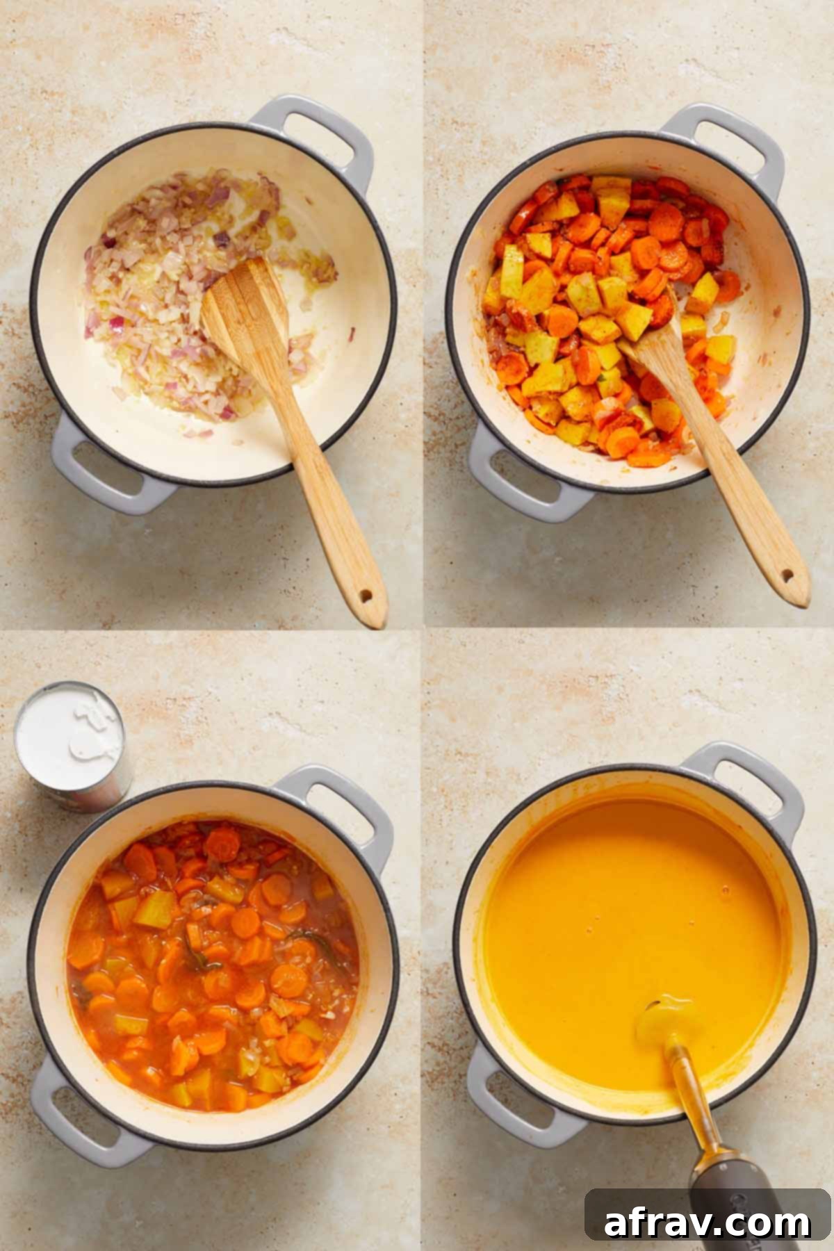 Collage of 4 images showing how the soup is made in one pot.