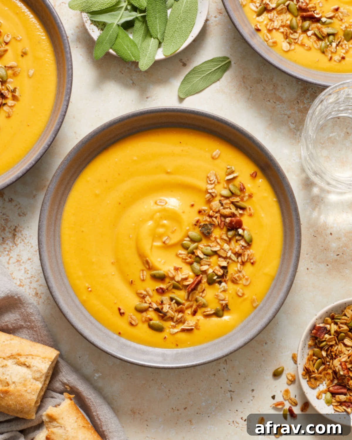 Bowls of squash and carrot soup next to bread, granola and sage.