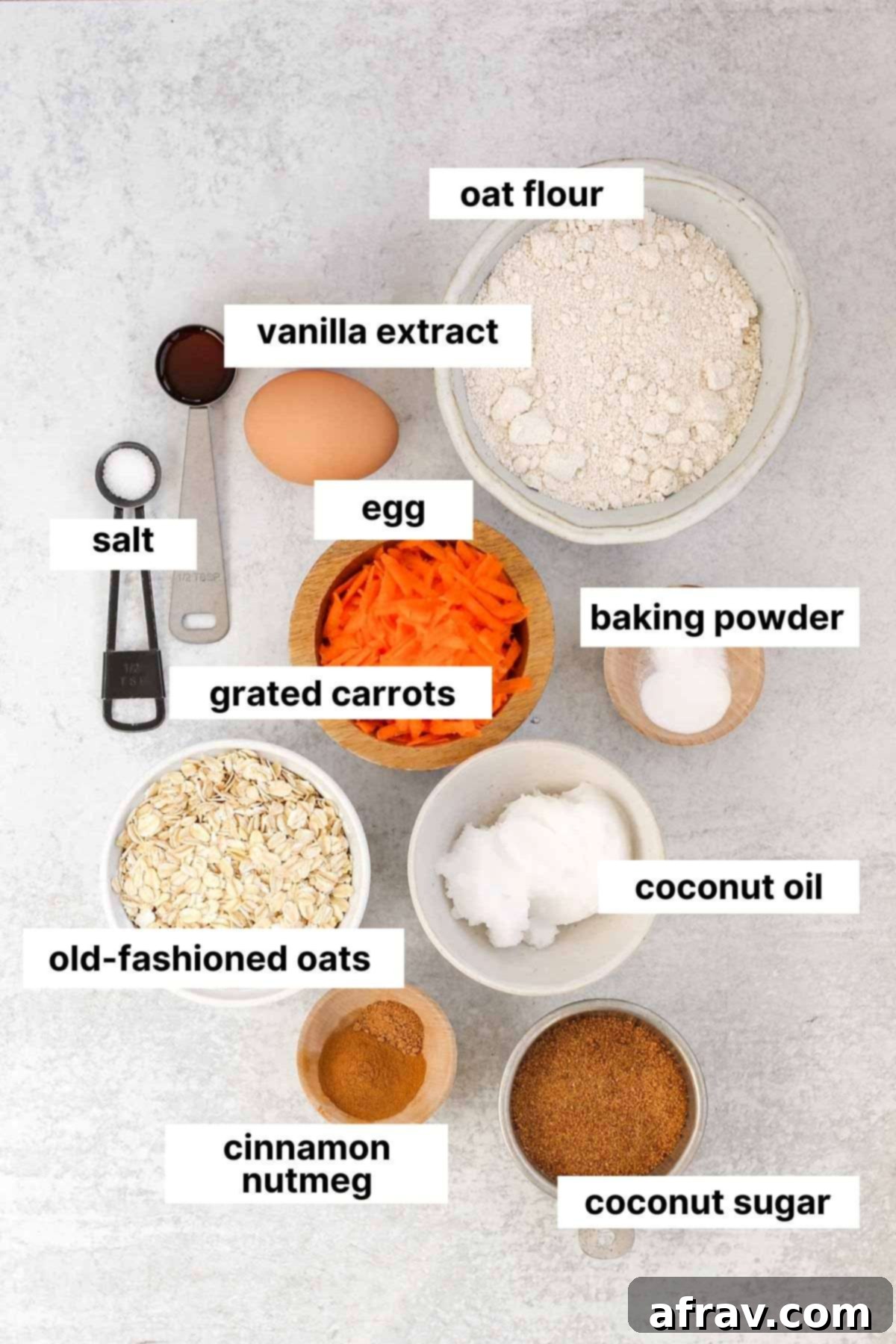 Spiced Carrot Oatmeal Delights 3 Labeled ingredients needed for carrot cake oatmeal cookies.
