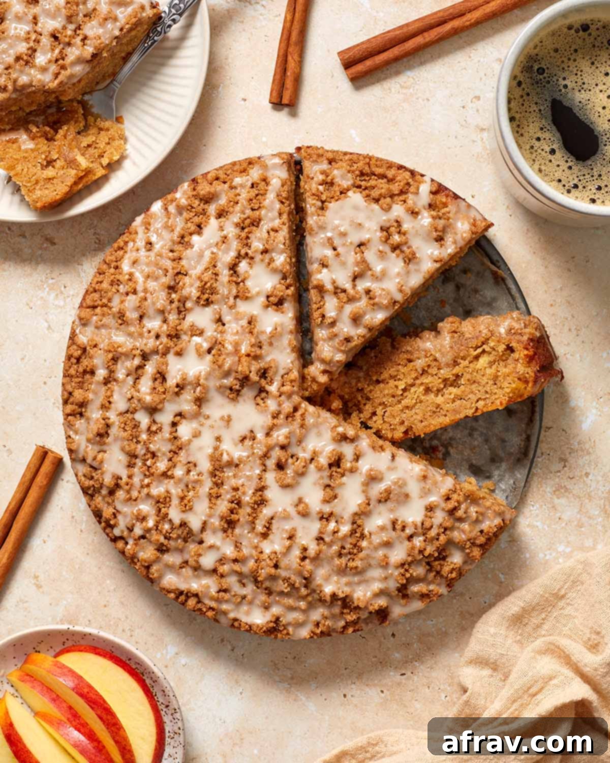 Delightful Almond Apple Cake 2 Overhead view of apple almond flour cake cut into some slices.