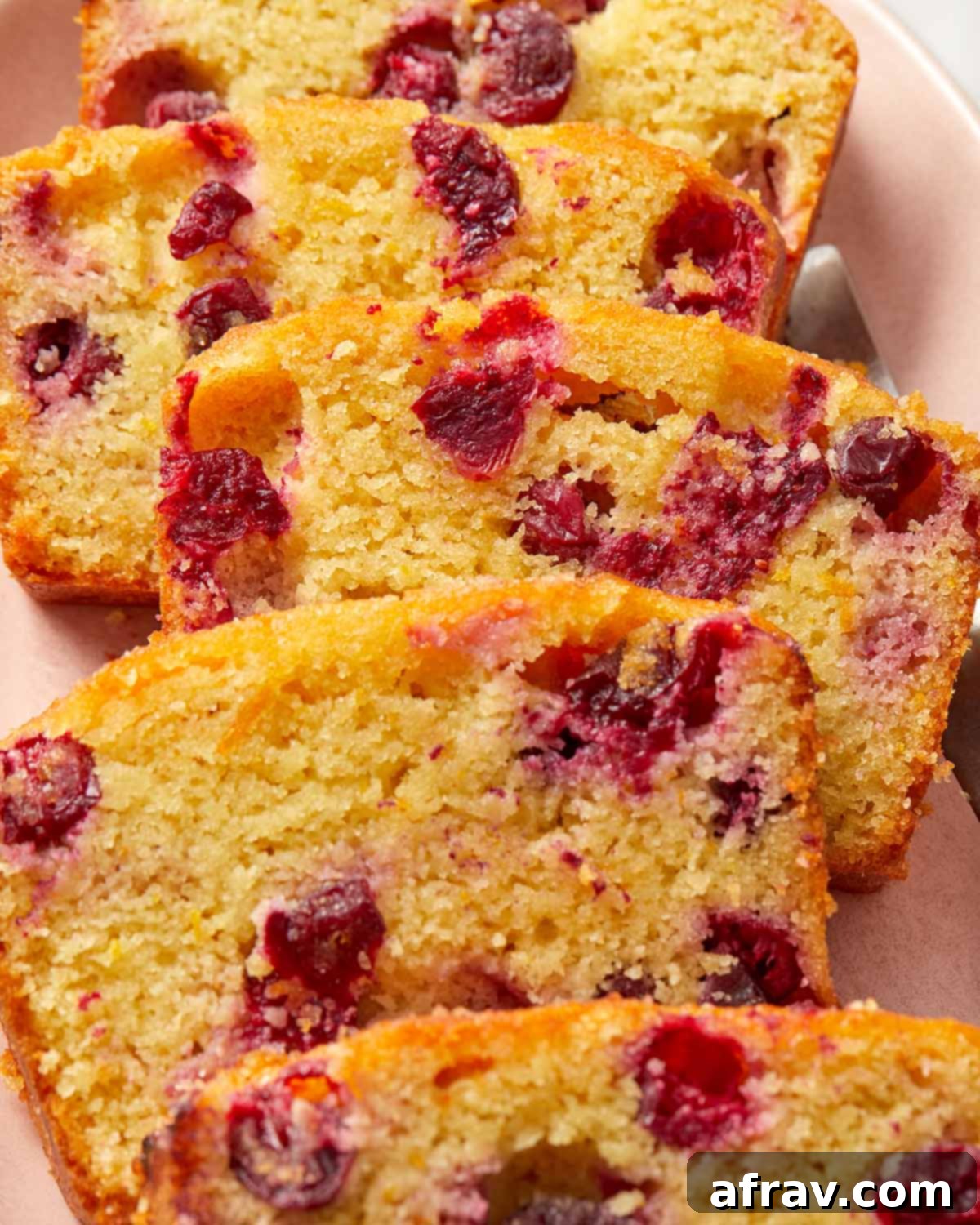 Close up shot of multiple slices of cranberry bread, perfectly moist and showing the cranberries.