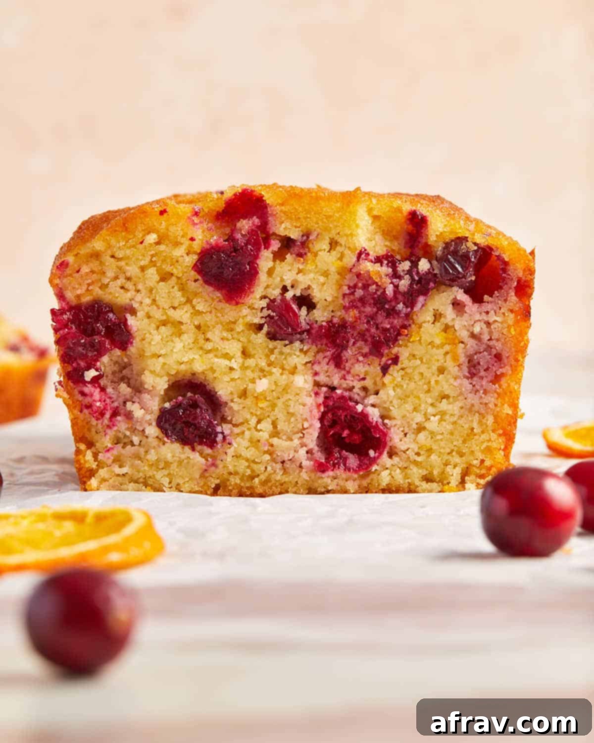 Side view of a perfectly sliced cranberry orange loaf, showcasing the moist interior and distribution of cranberries.