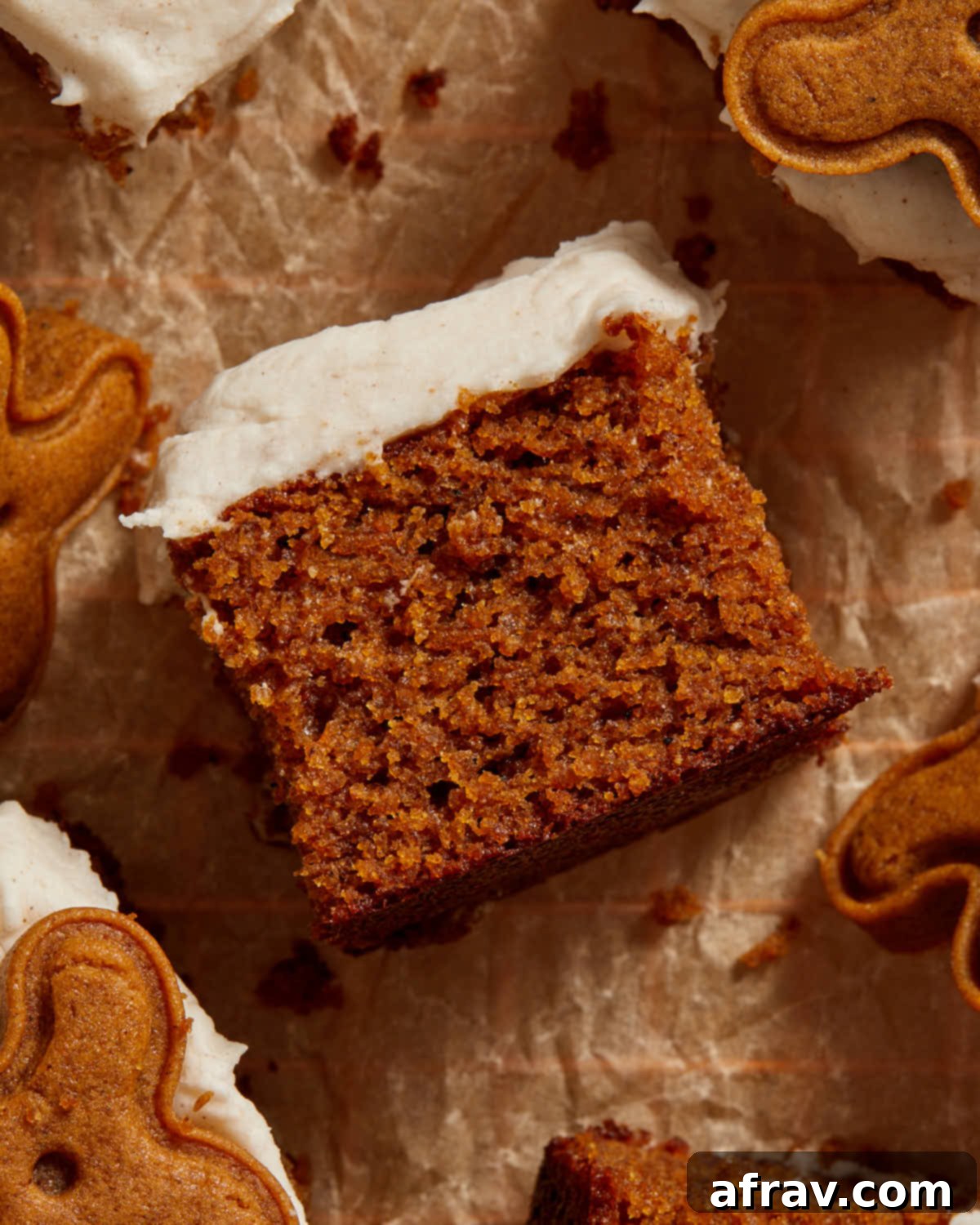 Moist Almond Flour Gingerbread Cake 2 Close up of a piece of gingerbread cake turned on its side.