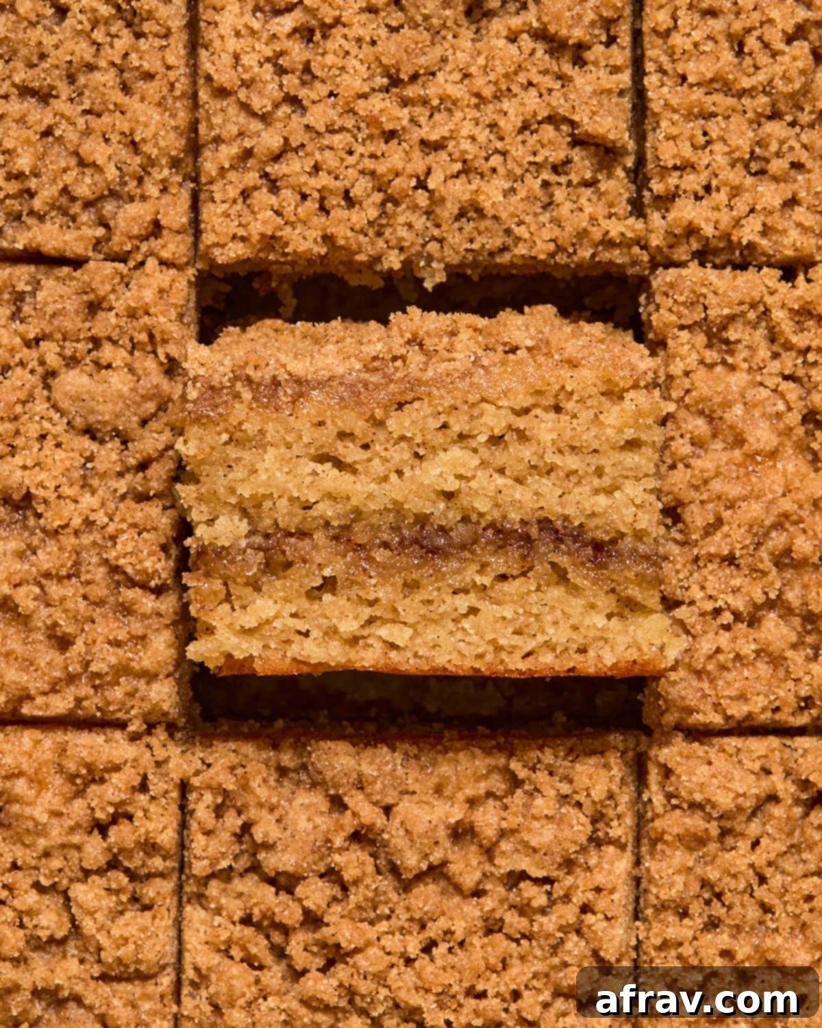 Close-up of a single piece of almond flour coffee cake, turned on its side to perfectly display the distinct, flavorful cinnamon sugar layer within.