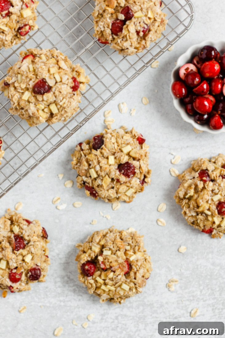 Gluten Free Dairy Free Cranberry Apple Breakfast Cookies 2 Freshly baked cranberry apple breakfast cookies cooling on a wire rack, ready to be enjoyed