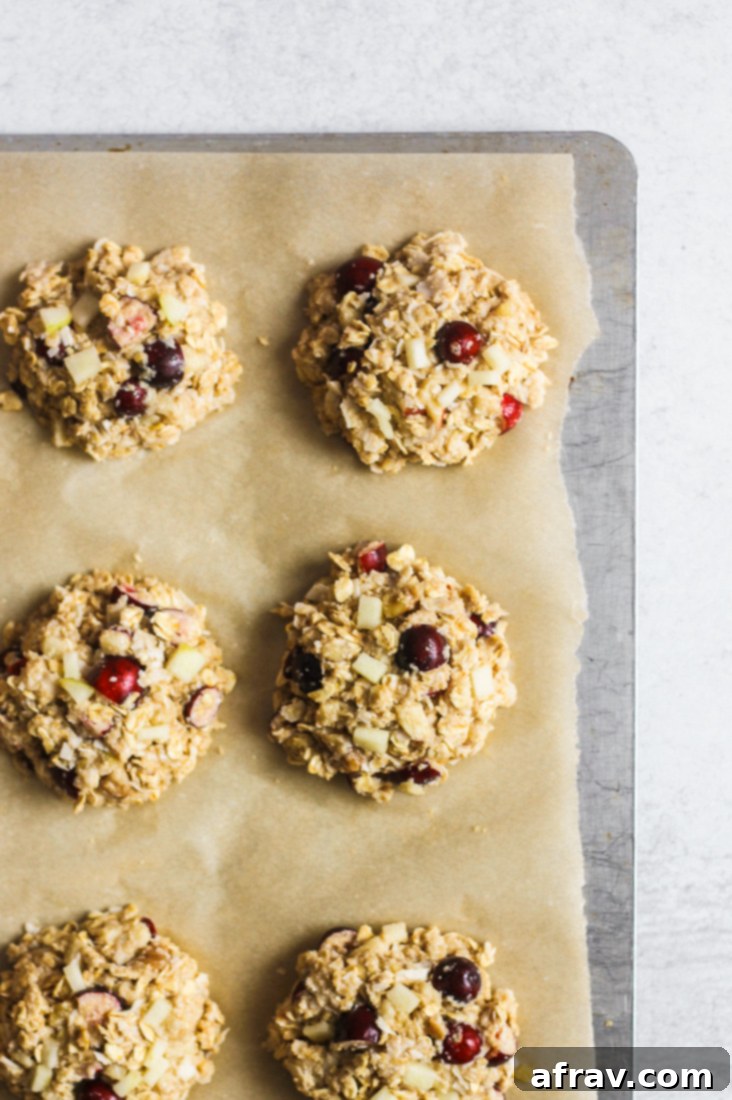 Gluten Free Dairy Free Cranberry Apple Breakfast Cookies 4 Unbaked cranberry apple breakfast cookie dough scooped onto a baking sheet, ready for the oven
