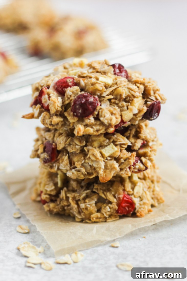 side view of 3 stacked cranberry apple breakfast cookies