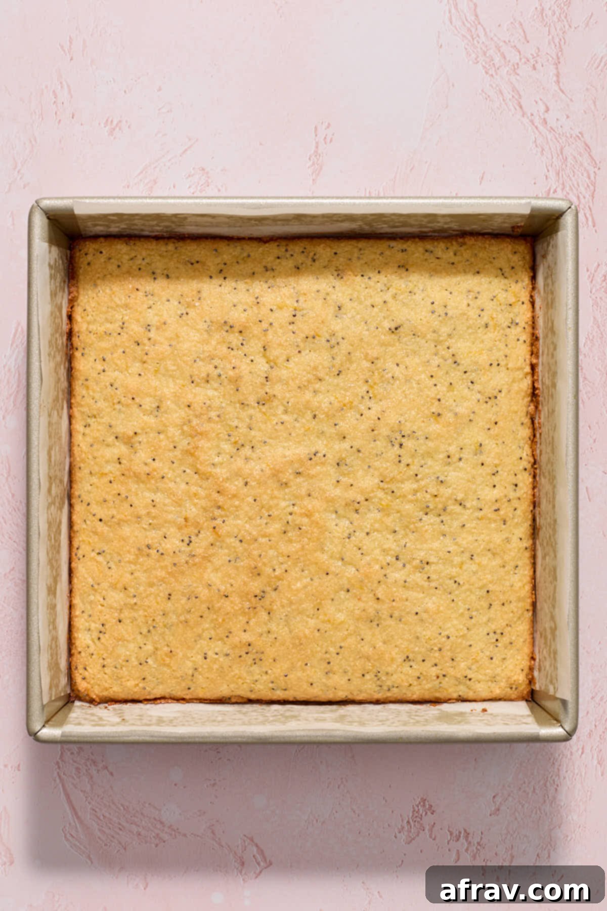 A freshly baked almond flour lemon poppy seed cake cooling in its square pan on a wire rack.