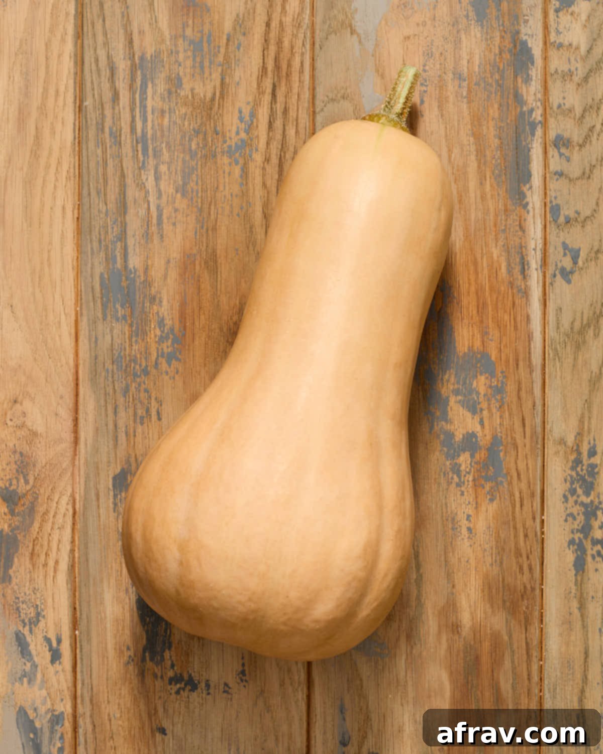 A vibrant, healthy whole butternut squash resting on a warm wooden surface, emphasizing its perfect tan hue and smooth texture.