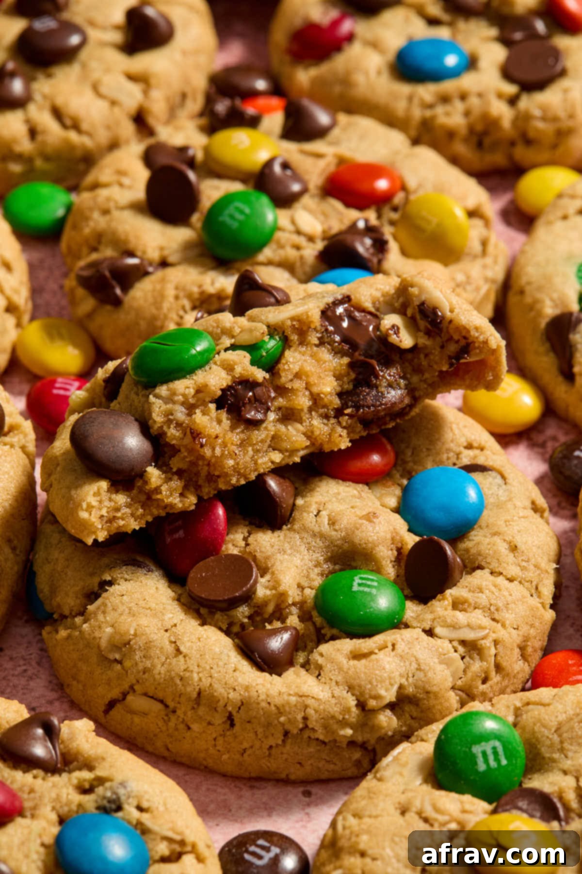 Half of a monster cookie stacked on top of another, showing its thick, chewy texture and abundant mix-ins.