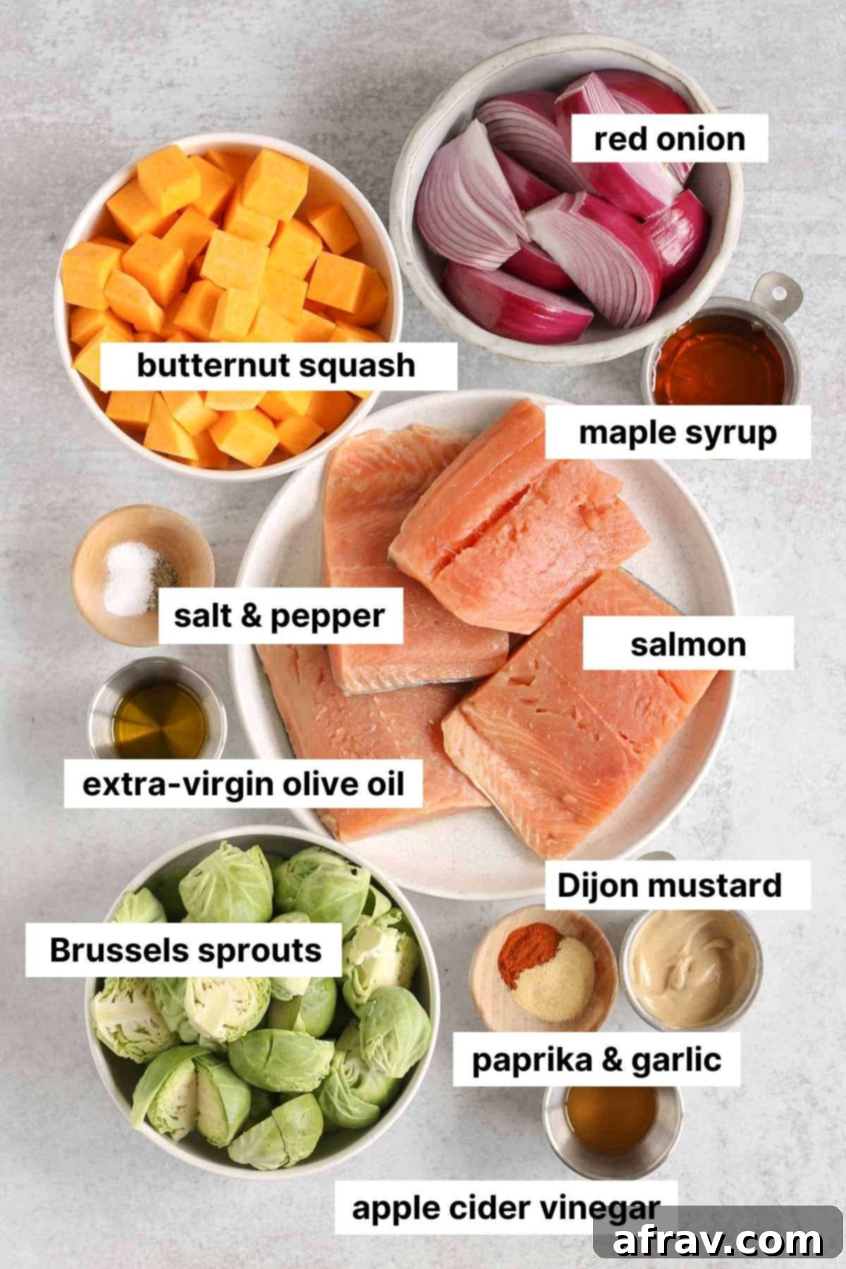 Sheet Pan Maple Dijon Salmon Dinner 3 Labeled ingredients for maple salmon sheet pan dinner.