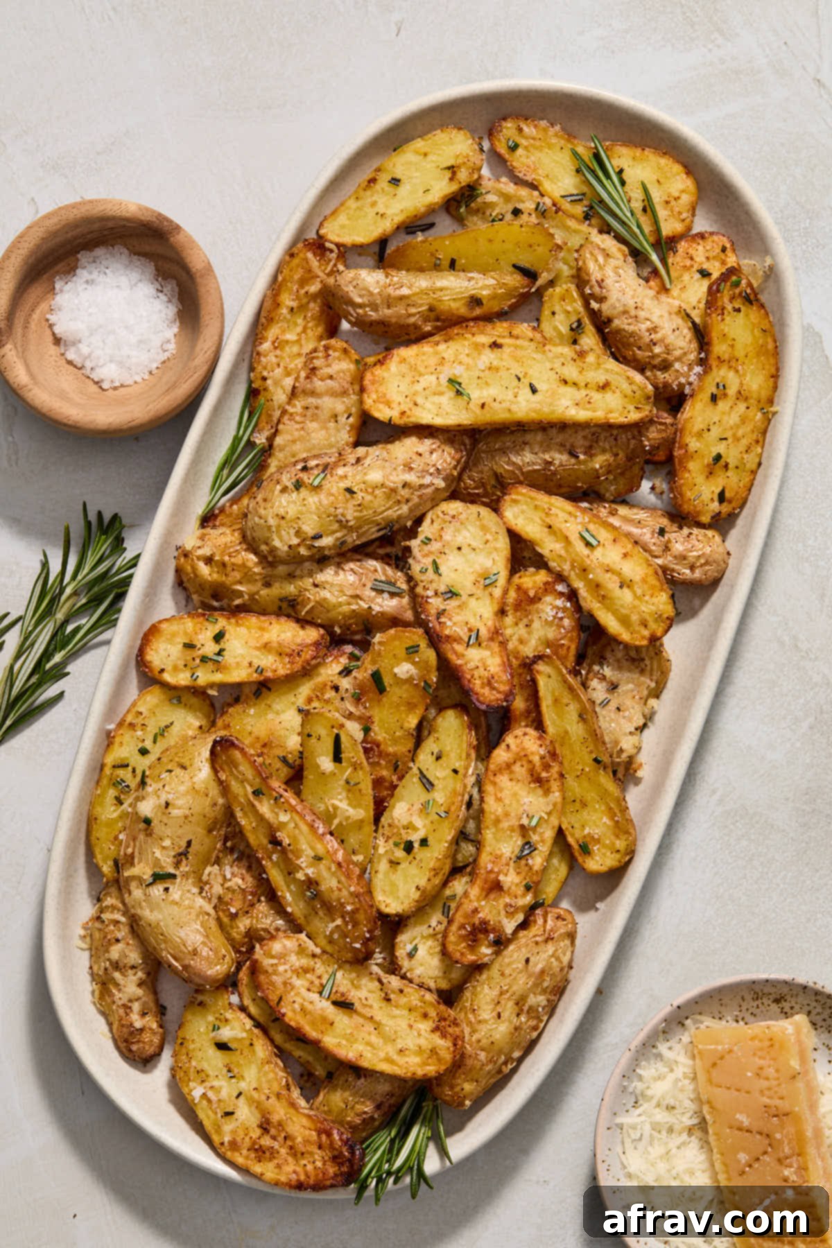 Air fried fingerlings on a platter with rosemary and sea salt on the side.