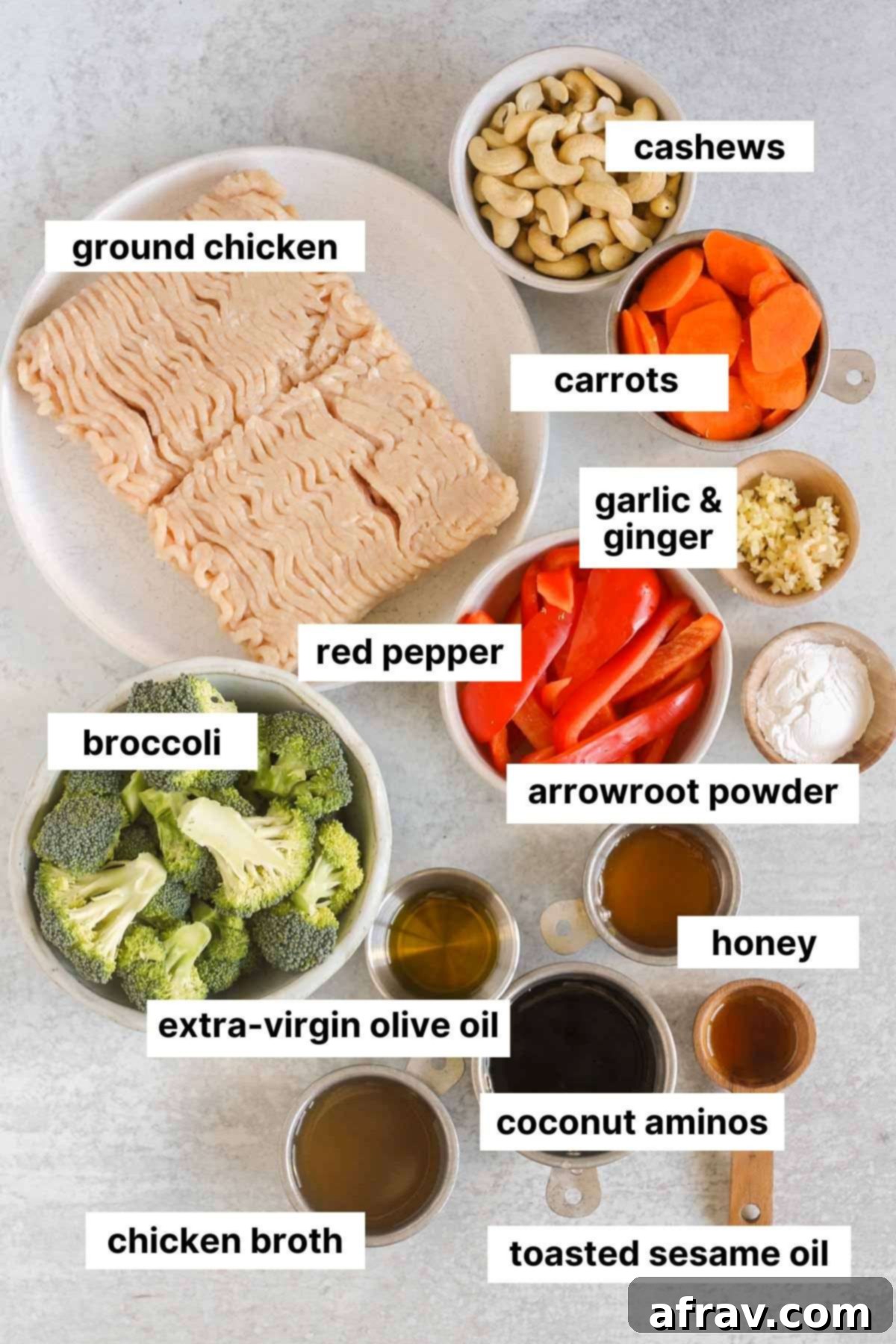 Labeled ingredients for ground chicken stir fry.